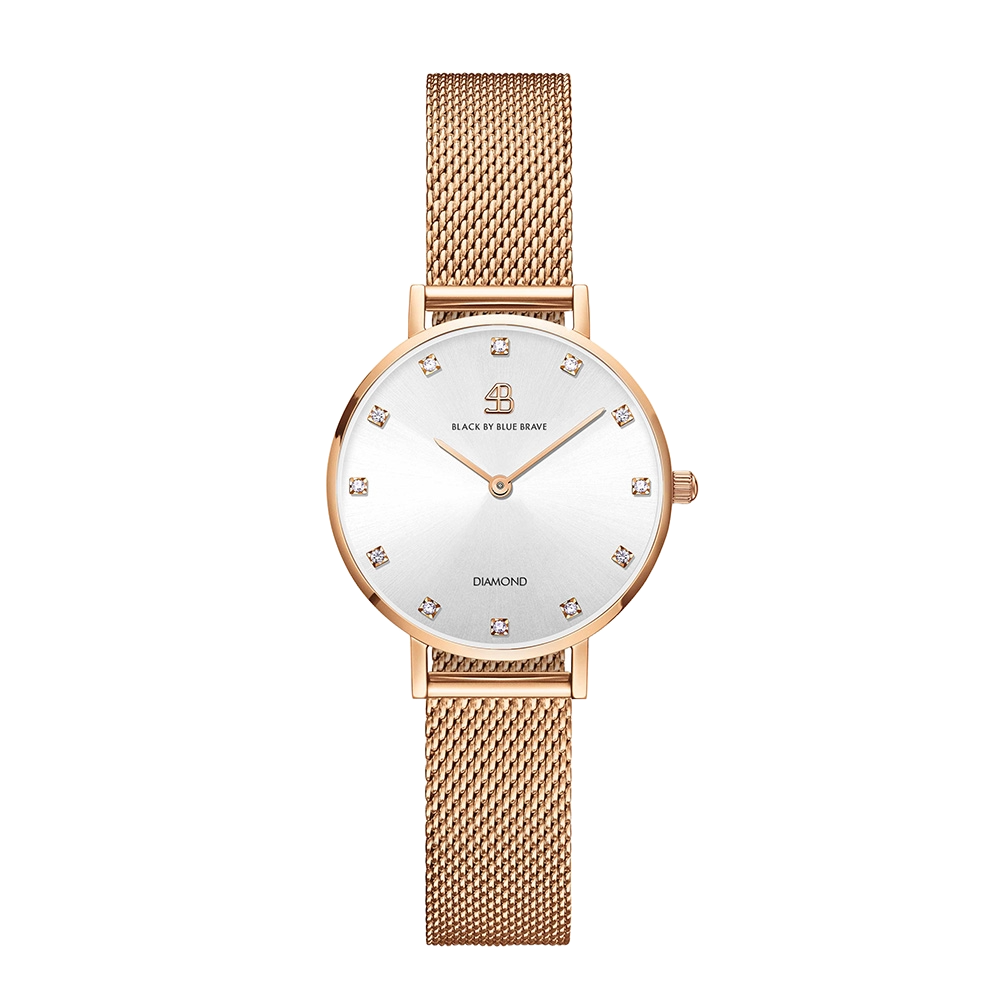 Diamond in the Hand 28mm White Enamel Dial Genuine Diamond Markers Rosegold Meshband Watch - 4B0920Z - front - Black By Blue Brave