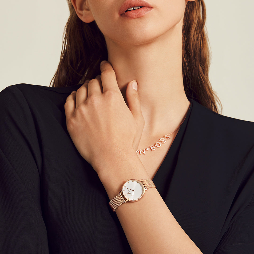 Diamond in the Hand 28mm White Enamel Dial Genuine Diamond Markers Rosegold Meshband Watch - 4B0920Z - wrist - Black By Blue Brave