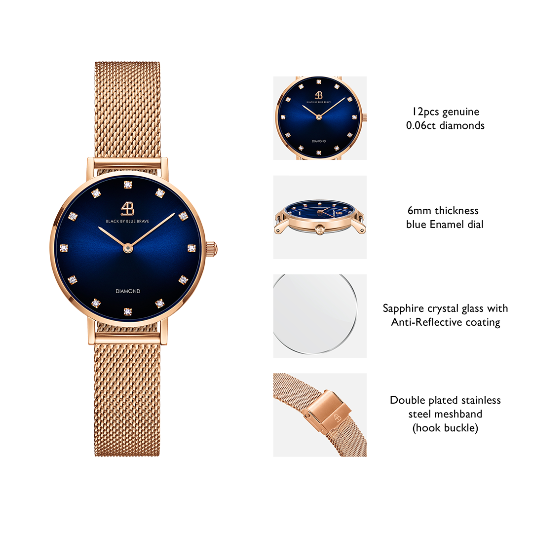 Diamond in the Hand 28mm Blue Enamel Dial Genuine Diamond Markers Rosegold Meshband Watch - 4B0922Z - Selling point map - Black By Blue Brave