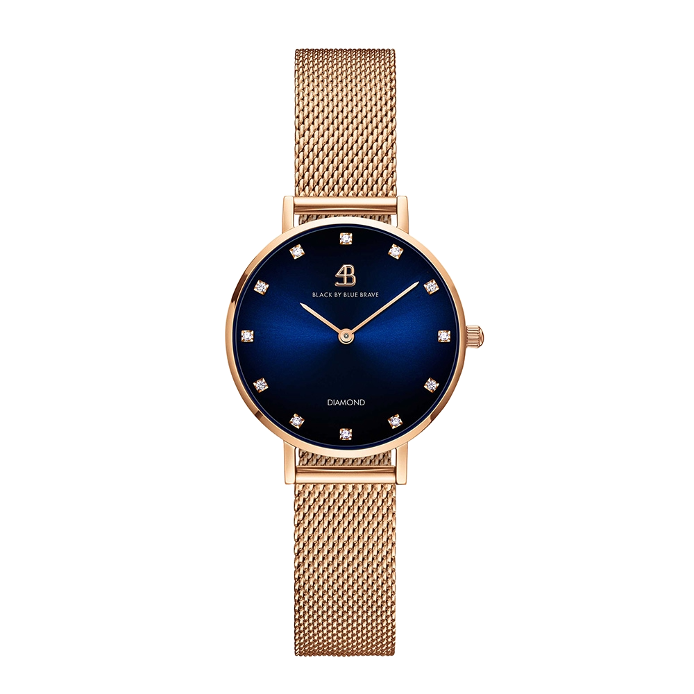 Diamond in the Hand 28mm Blue Enamel Dial Genuine Diamond Markers Rosegold Meshband Watch - 4B0922Z - front - Black By Blue Brave