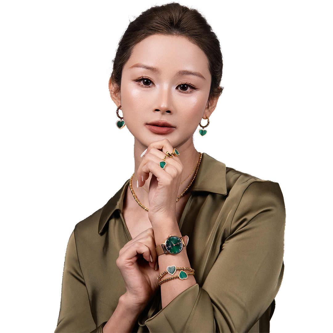 Diamond in the Hand 28mm Green Sunray Dial Genuine Diamond Markers Rosegold Meshband Watch - 4B0923A - Model wearing - Black By Blue Brave