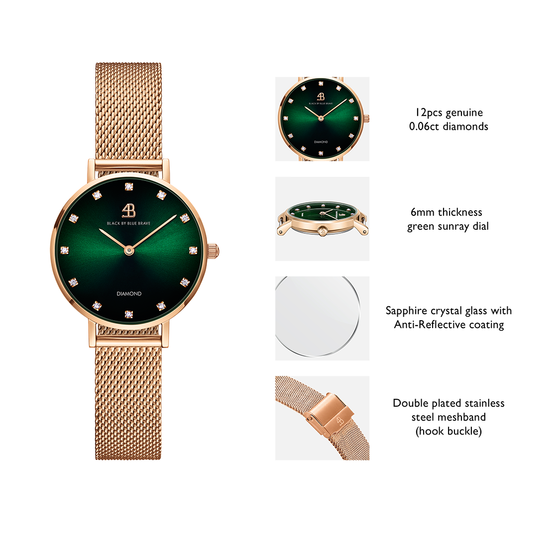Diamond in the Hand 28mm Green Sunray Dial Genuine Diamond Markers Rosegold Meshband Watch - 4B0923A - Selling point map - Black By Blue Brave