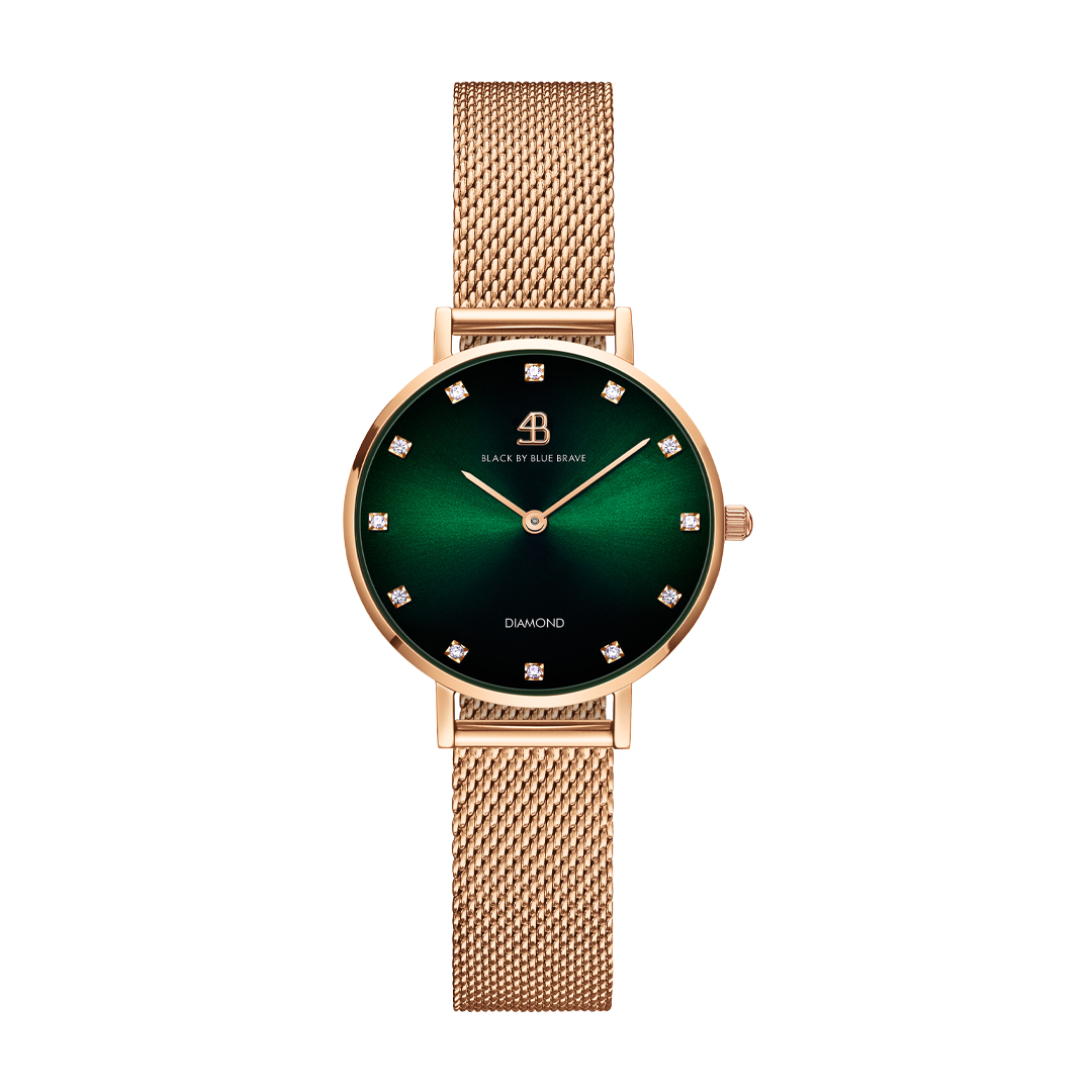 Diamond in the Hand 28mm Green Sunray Dial Genuine Diamond Markers Rosegold Meshband Watch - 4B0923A - front - Black By Blue Brave
