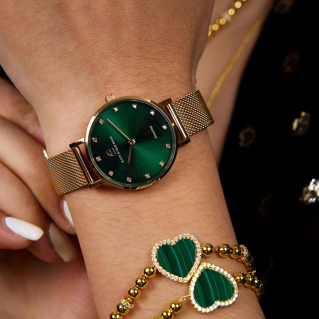 Diamond in the Hand 28mm Green Sunray Dial Genuine Diamond Markers Rosegold Meshband Watch - 4B0923A - wrist - Black By Blue Brave