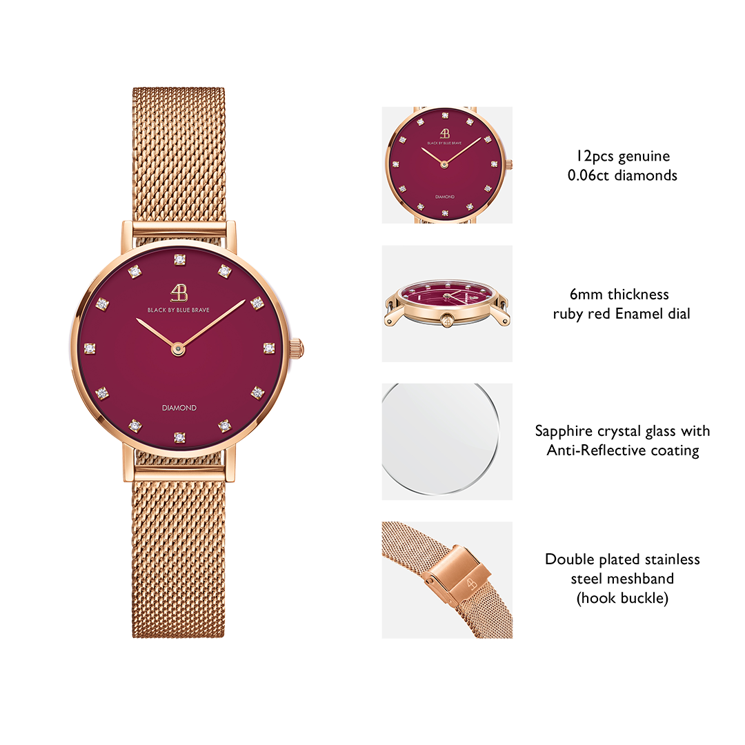 Diamond in the Hand 28mm Ruby Red Enamel Dial Genuine Diamond Markers Rosegold Meshband Watch - 4B0924Z - Selling point map - Black By Blue Brave