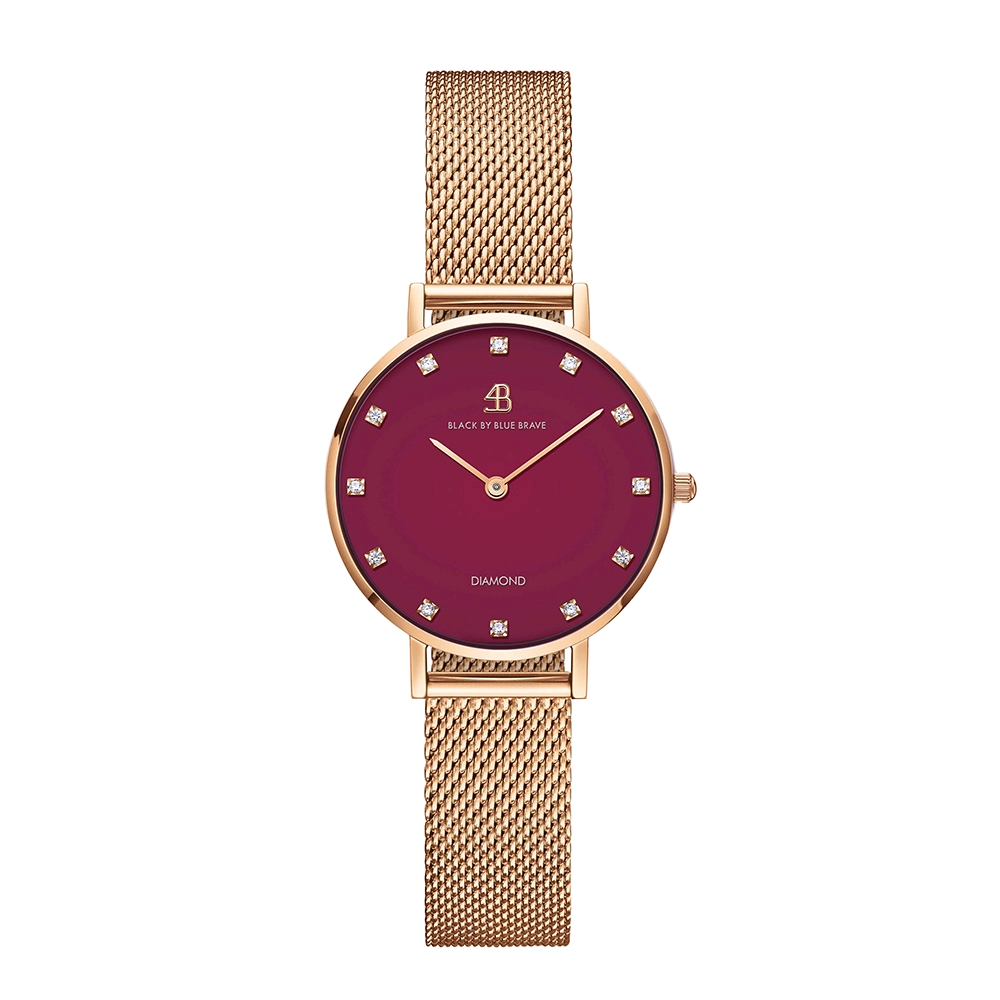 Diamond in the Hand 28mm Ruby Red Enamel Dial Genuine Diamond Markers Rosegold Meshband Watch - 4B0924Z - front - Black By Blue Brave