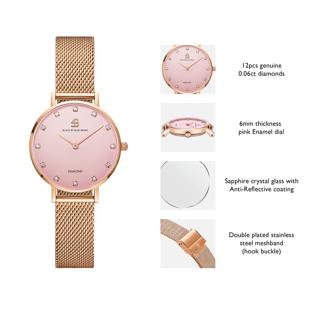 Diamond in the Hand 28mm Pink Enamel Dial Genuine Diamond Markers Rosegold Meshband Watch - 4B0926A - Selling point map - Black By Blue Brave