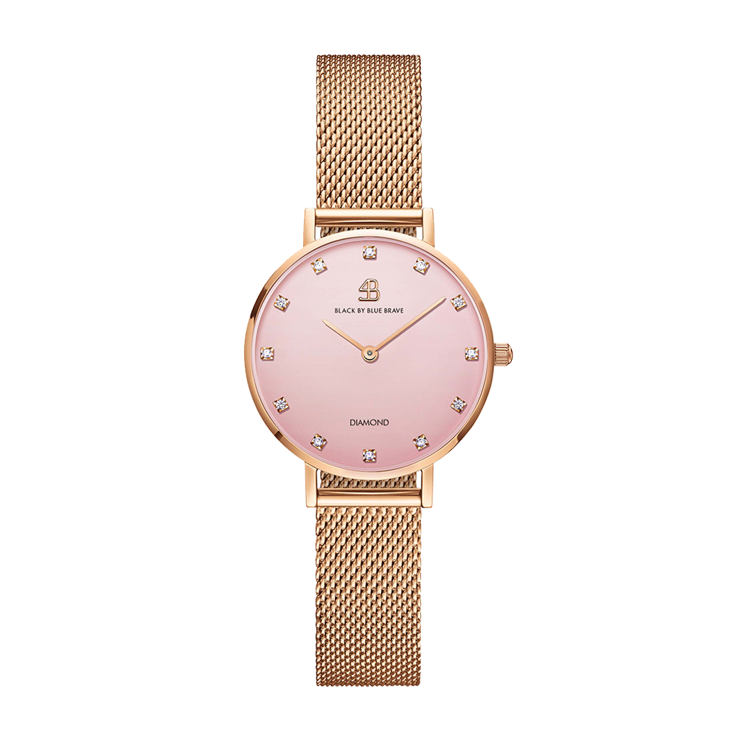Diamond in the Hand 28mm Pink Enamel Dial Genuine Diamond Markers Rosegold Meshband Watch - 4B0926A - front - Black By Blue Brave