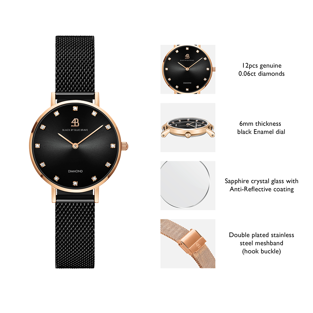 Diamond in the Hand 28mm Black Enamel Dial Genuine Diamond Markers Black Meshband Watch - 4B0928Z - Selling point map - Black By Blue Brave