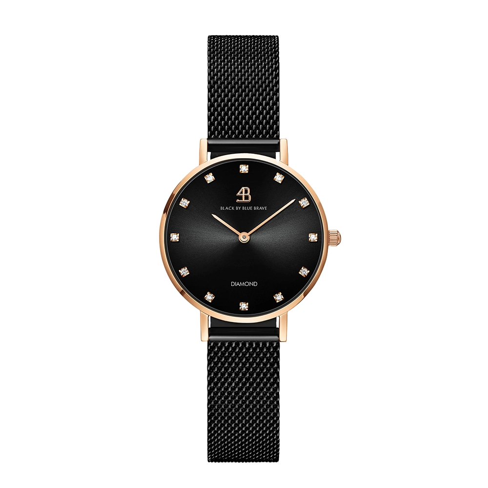 Diamond in the Hand 28mm Black Enamel Dial Genuine Diamond Markers Black Meshband Watch - 4B0928Z - front - Black By Blue Brave