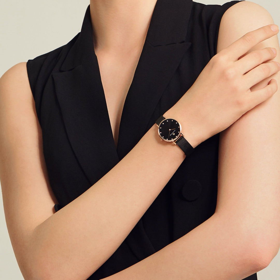 Diamond in the Hand 28mm Black Enamel Dial Genuine Diamond Markers Black Meshband Watch - 4B0928Z - wrist - Black By Blue Brave