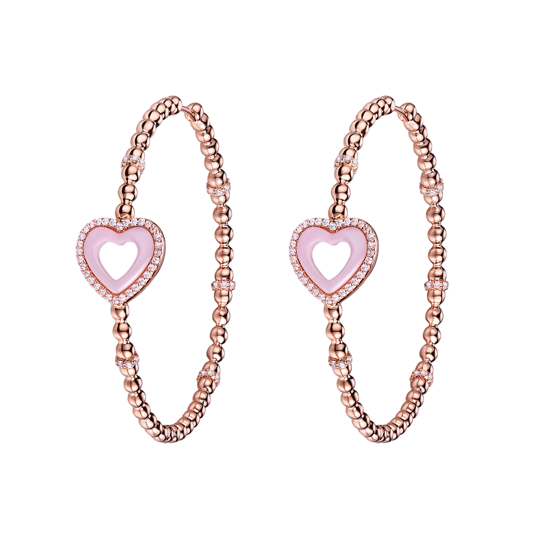 Love Heart Earrings Brass 18K Rose gold Plating & Pink/White Heart Ceramice