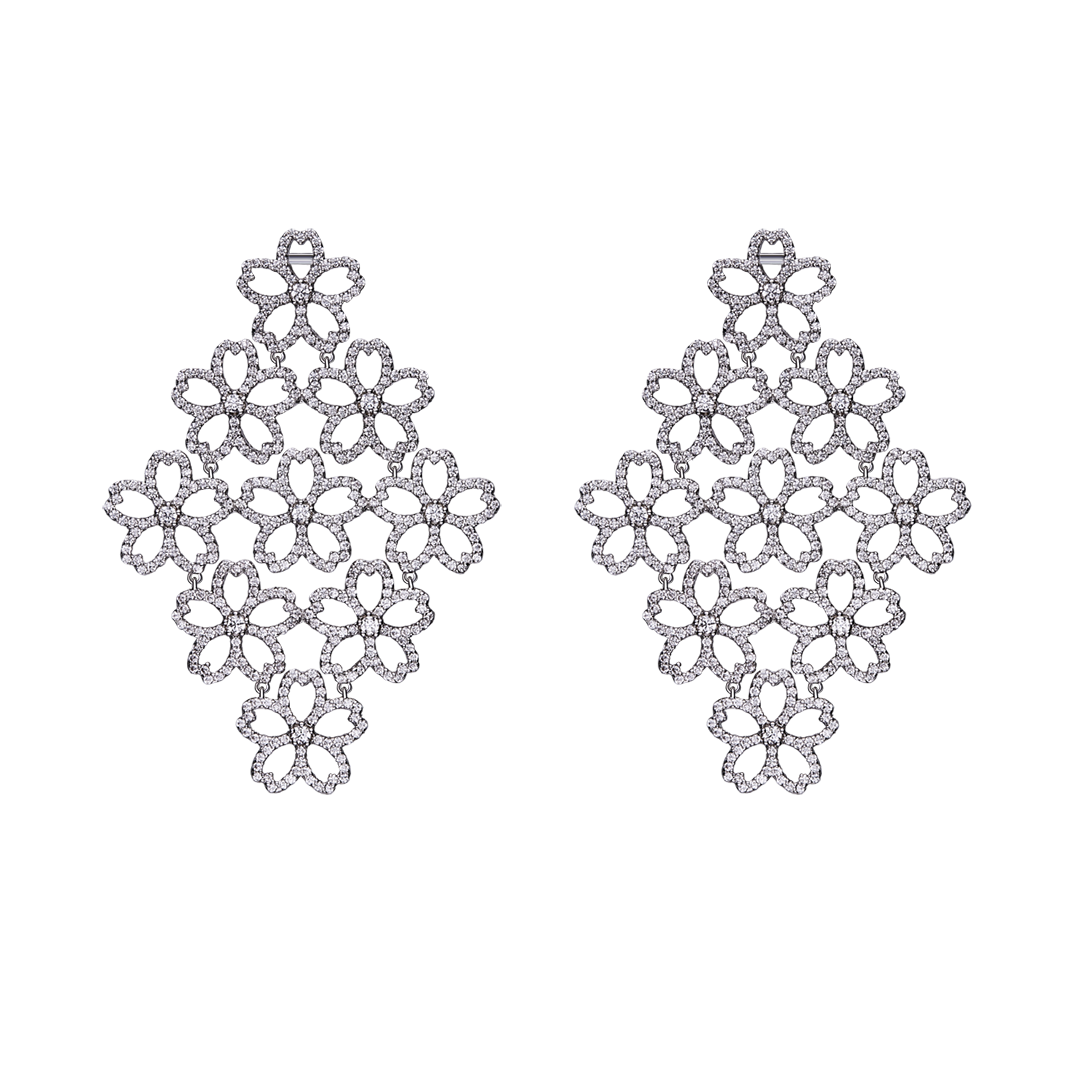 Cherry Blossom Cascade 9-Flower Sakura Zirconia Silver Earrings (Platinum Plated)