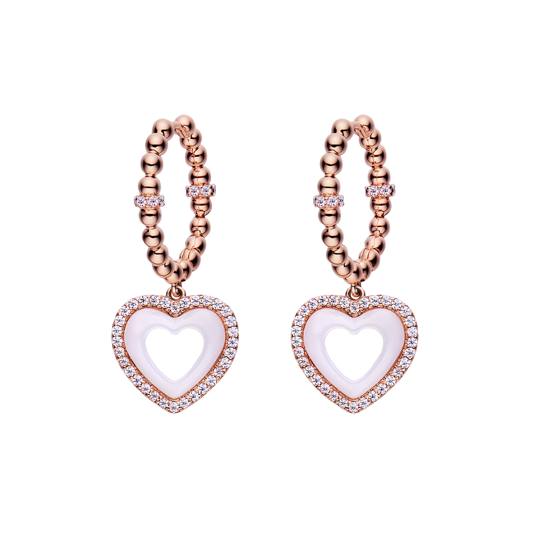 Love Heart Earrings Brass 18K Rose gold Plating & Pink/White Heart Ceramice