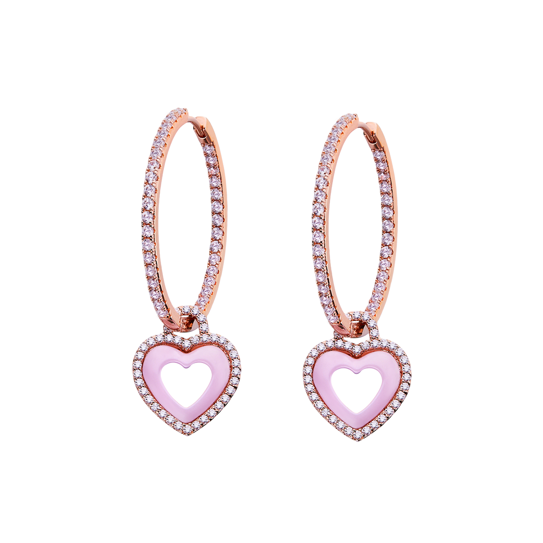 Love Heart Earrings Brass 18K Rose gold Plating & Pink/White Heart Ceramice