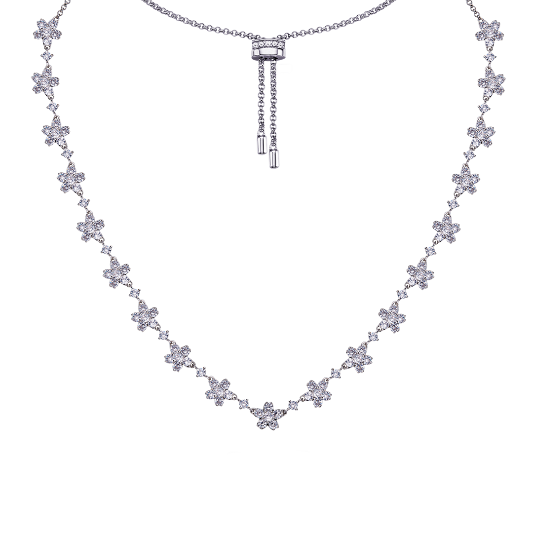 Cherry Blossom Cascade 19-Flower Sakura Zirconia Silver Necklace (Platinum Plated)