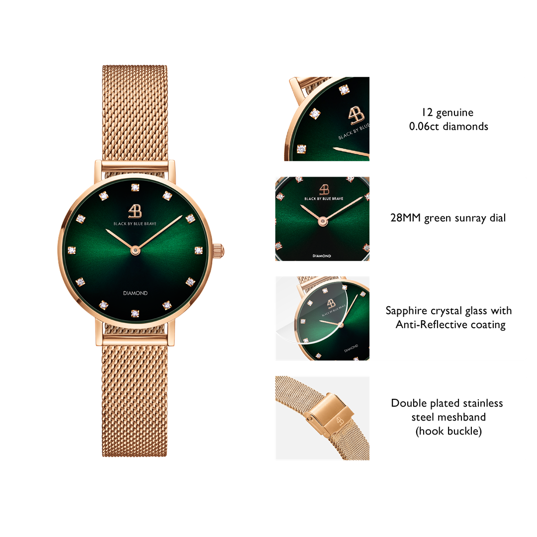 Diamond in the Hand 28mm Green Sunray Dial Genuine Diamond Markers Rosegold Meshband Watch