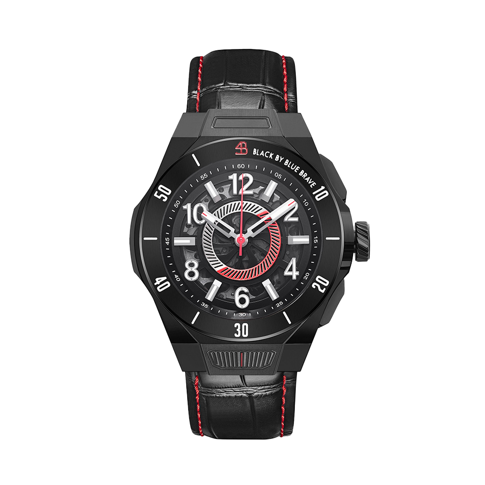 HS7 43mm Black Wheel Dial Black Leather Strap Automatic Watch