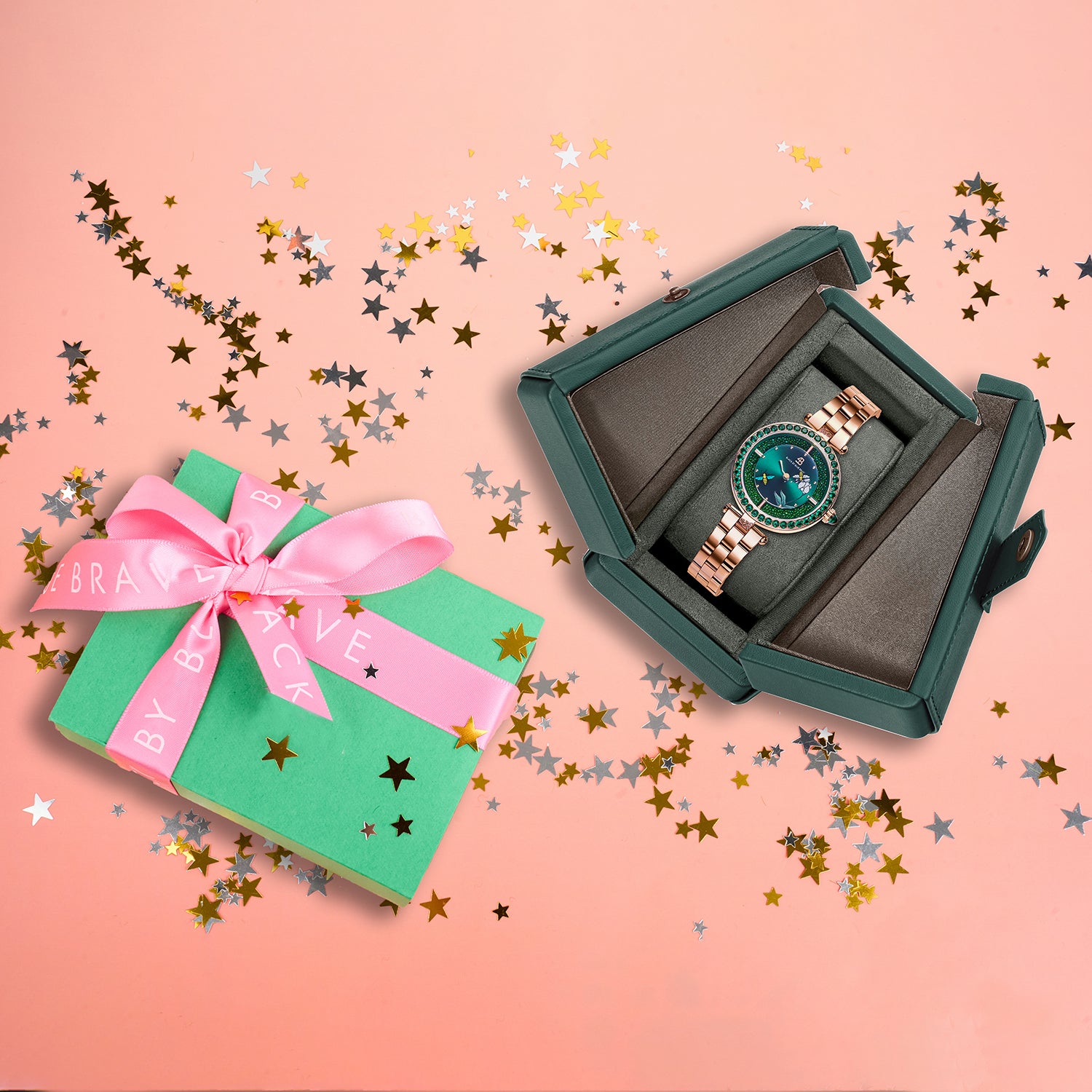 Honey Bee 34mm Green Dial Moving Bees Rose Gold Bracelet Watch - 4B1290 - Gift Box - Black By Blue Brave