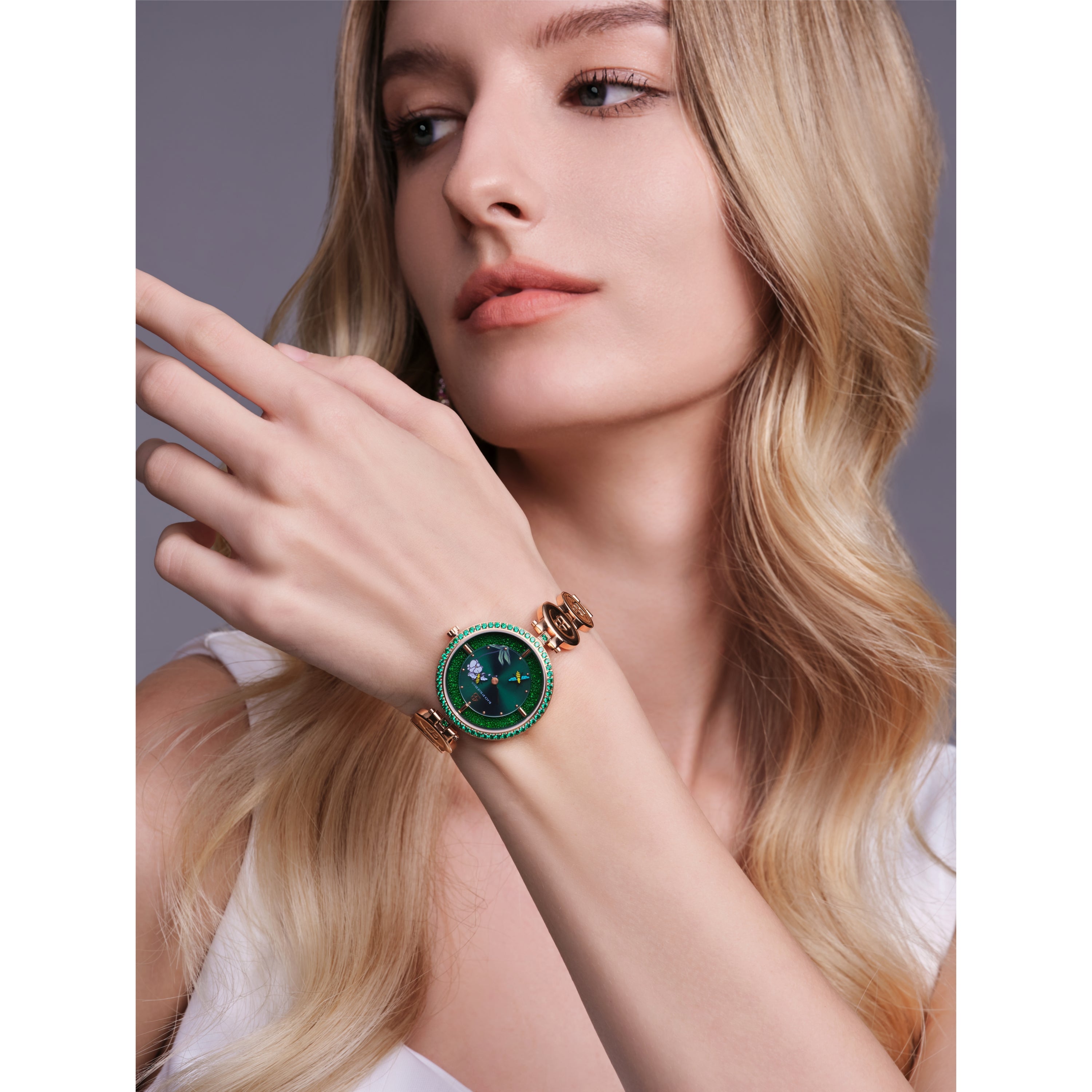 Honey Bee 34mm Green Dial Moving Bees Rose Gold Bracelet Watch - 4B1290 - Model wearing - Black By Blue Brave