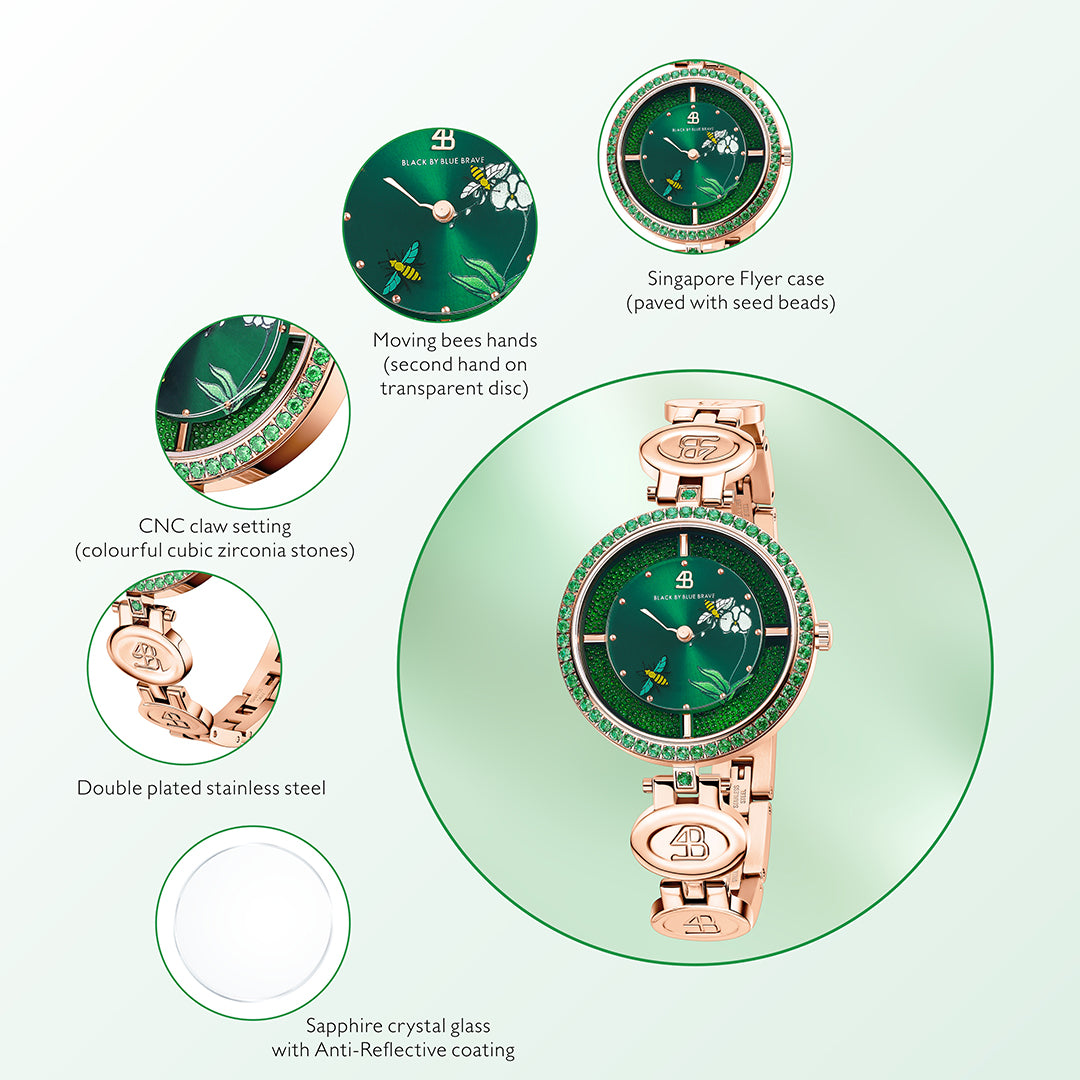 Honey Bee 34mm Green Dial Moving Bees Rose Gold Bracelet Watch - 4B1290 - Selling point map - Black By Blue Brave