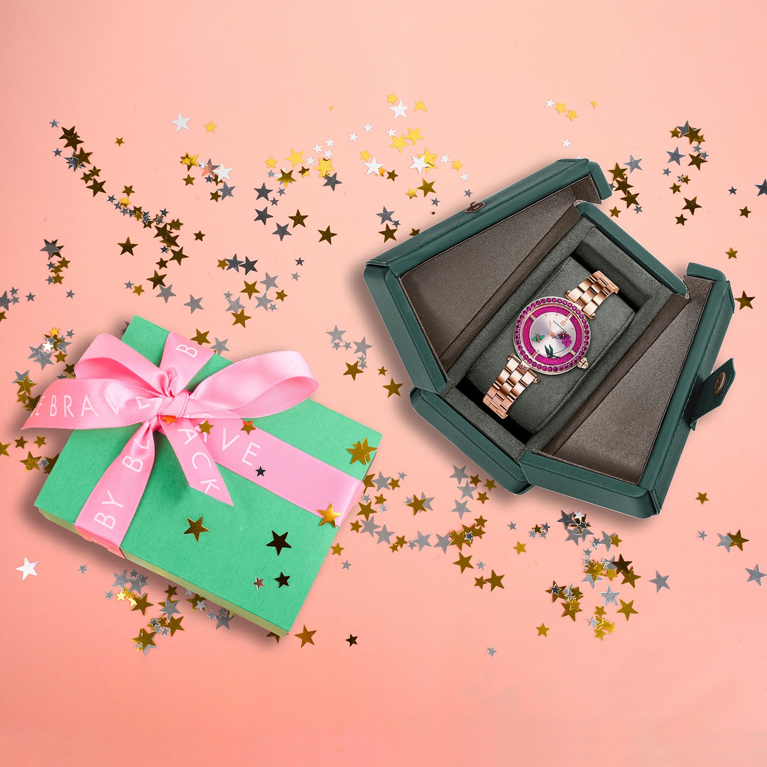Honey Bee 34mm Ruby Red Dial Moving Bees Rose Gold Bracelet Watch - 4B1292 - Gift Box - Black By Blue Brave