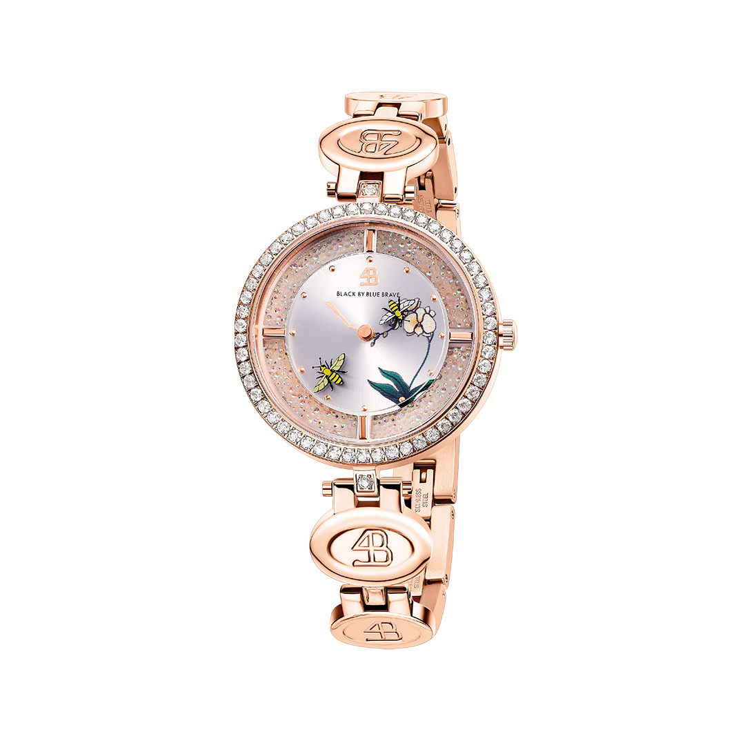 Honey Bee 34mm White Dial Moving Bees Rose Gold Bracelet Watch - 4B1293 - front - Black By Blue Brave