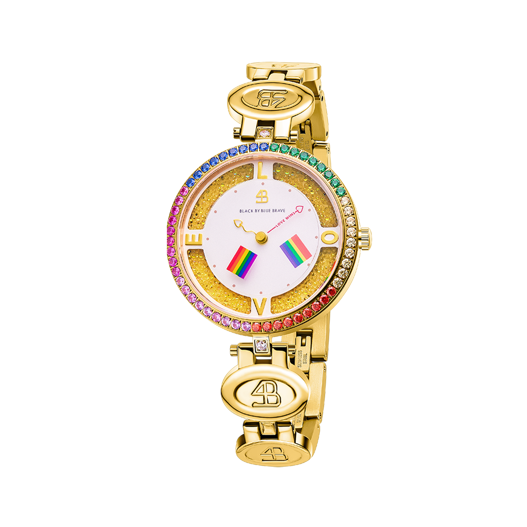 Love Wins 34mm Gold Dial Moving Rainbow Flag Bracelet Watch - BLACK BY BLUE BRAVE