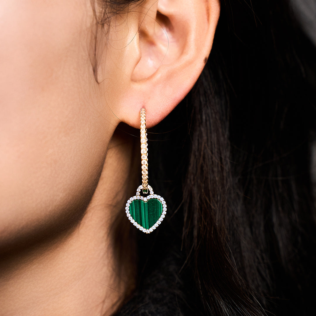 Love Heart Malachite Earrings 18K Gold Plated 45mm - 4B4328 - wear  - Black By Blue Brave
