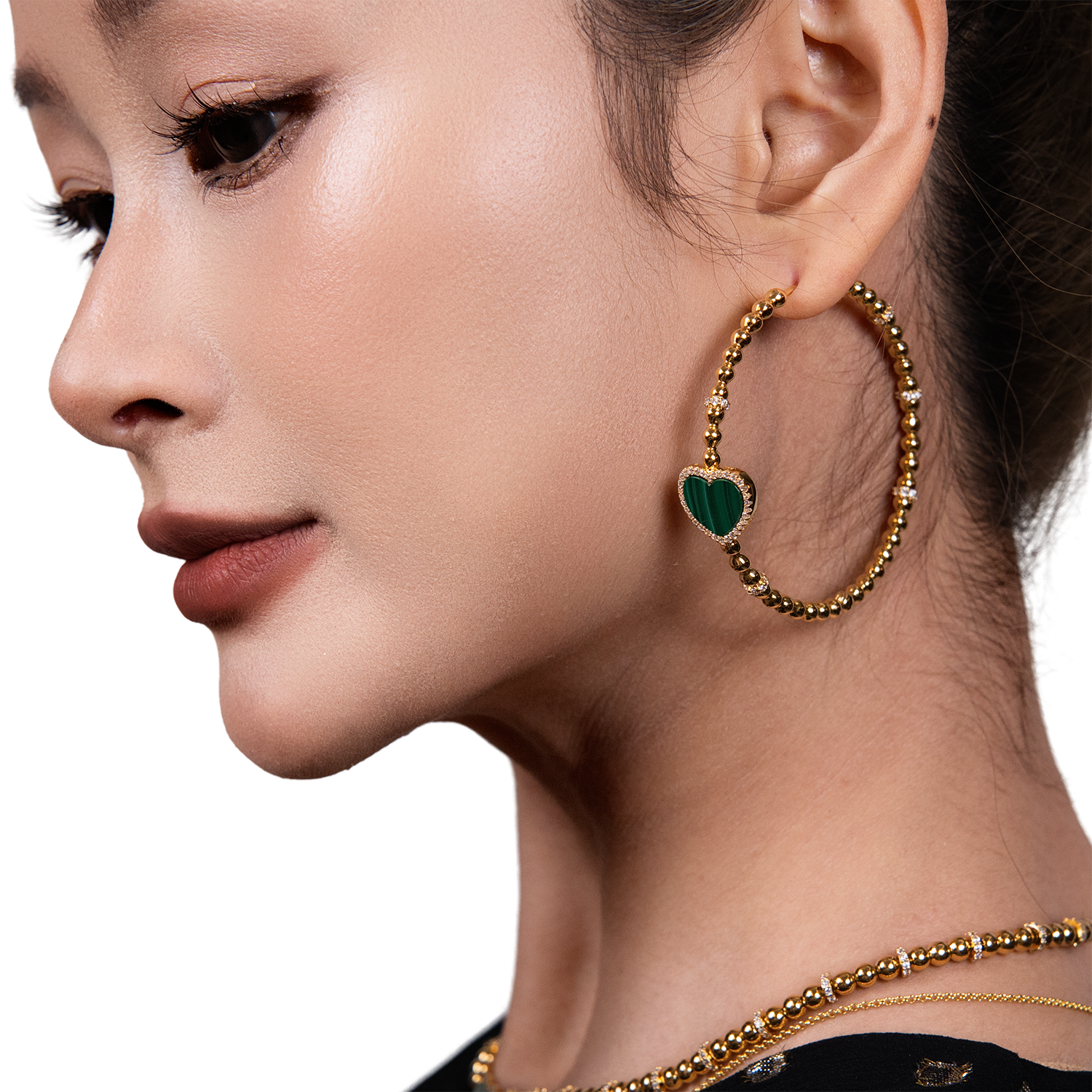 Love Heart Malachite Earrings 18K Gold Plated 45mm - 4B4329 - wear  - Black By Blue Brave
