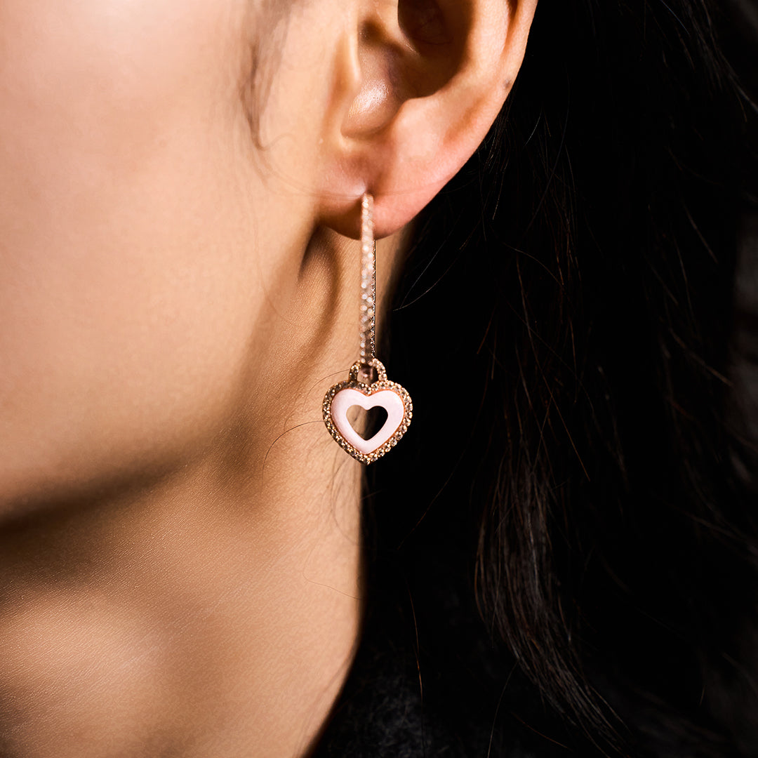 Love Heart Pink Ceramic Earrings 18K Rose Gold Plated 35mm - 4B4340 - wear  - Black By Blue Brave
