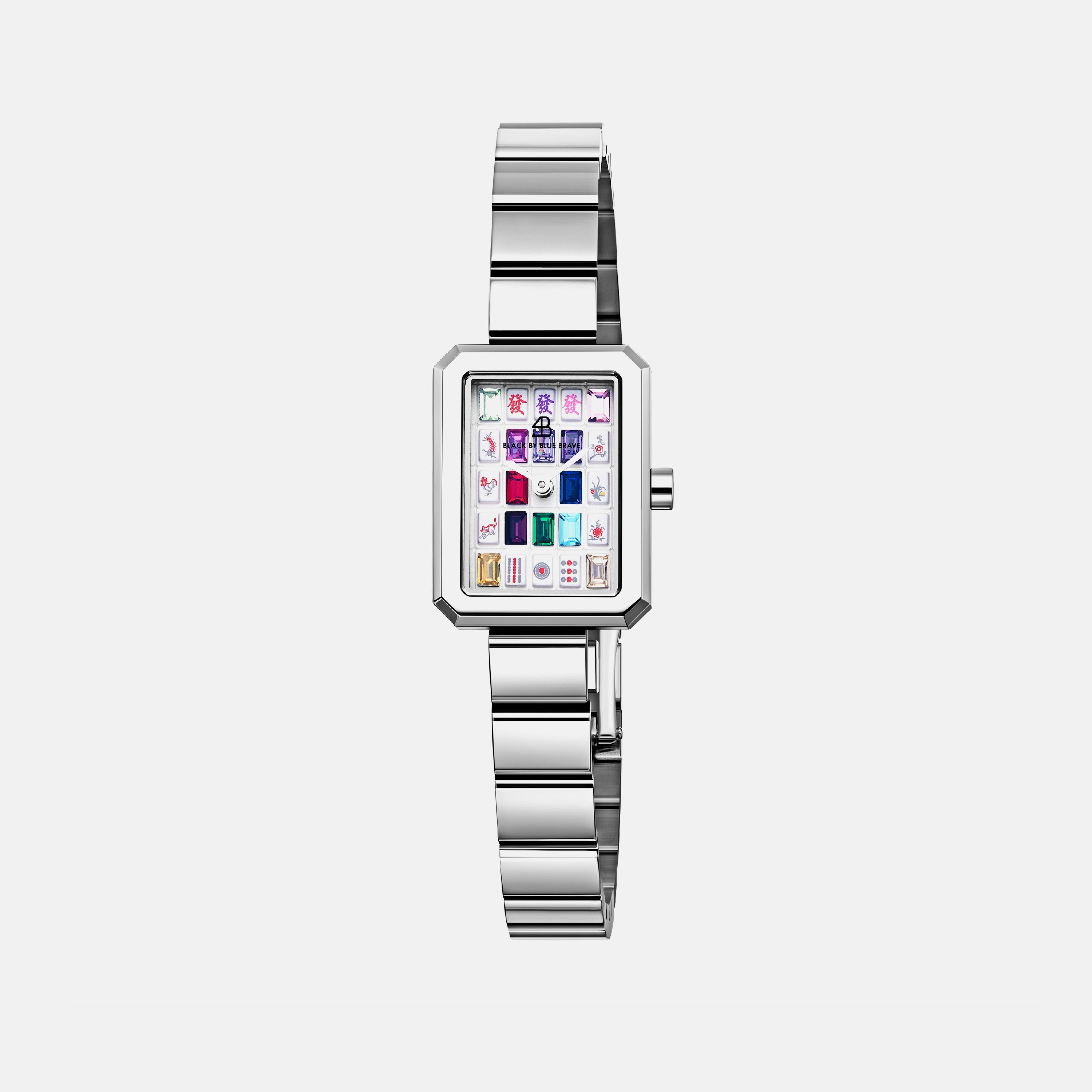 Mahjong 20*26mm Rainbow Crystal Dial Silver Bracelet Watch - 4B1310 - front - Black By Blue Brave