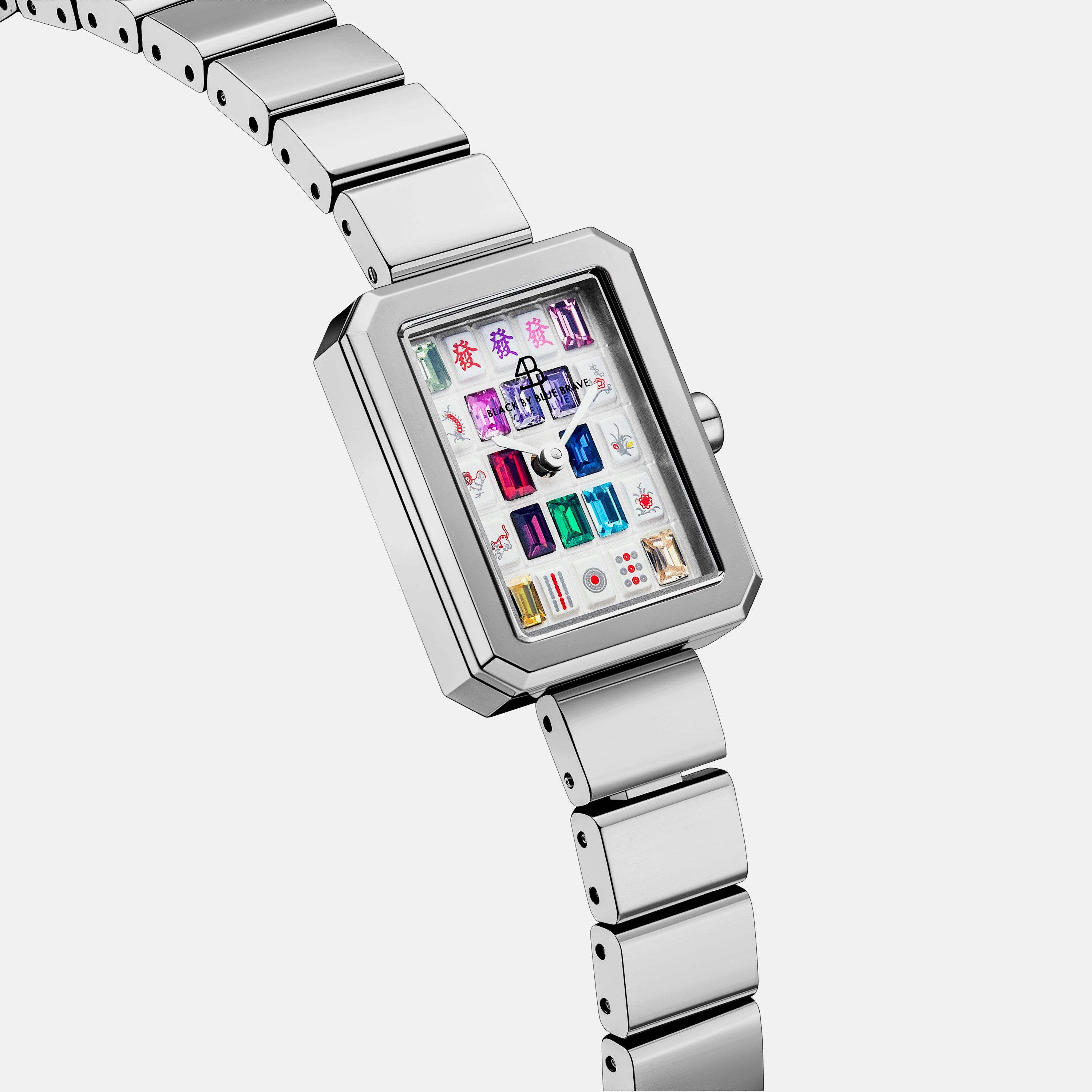 Mahjong 20*26mm Rainbow Crystal Dial Silver Bracelet Watch - 4B1310 - side view - Black By Blue Brave
