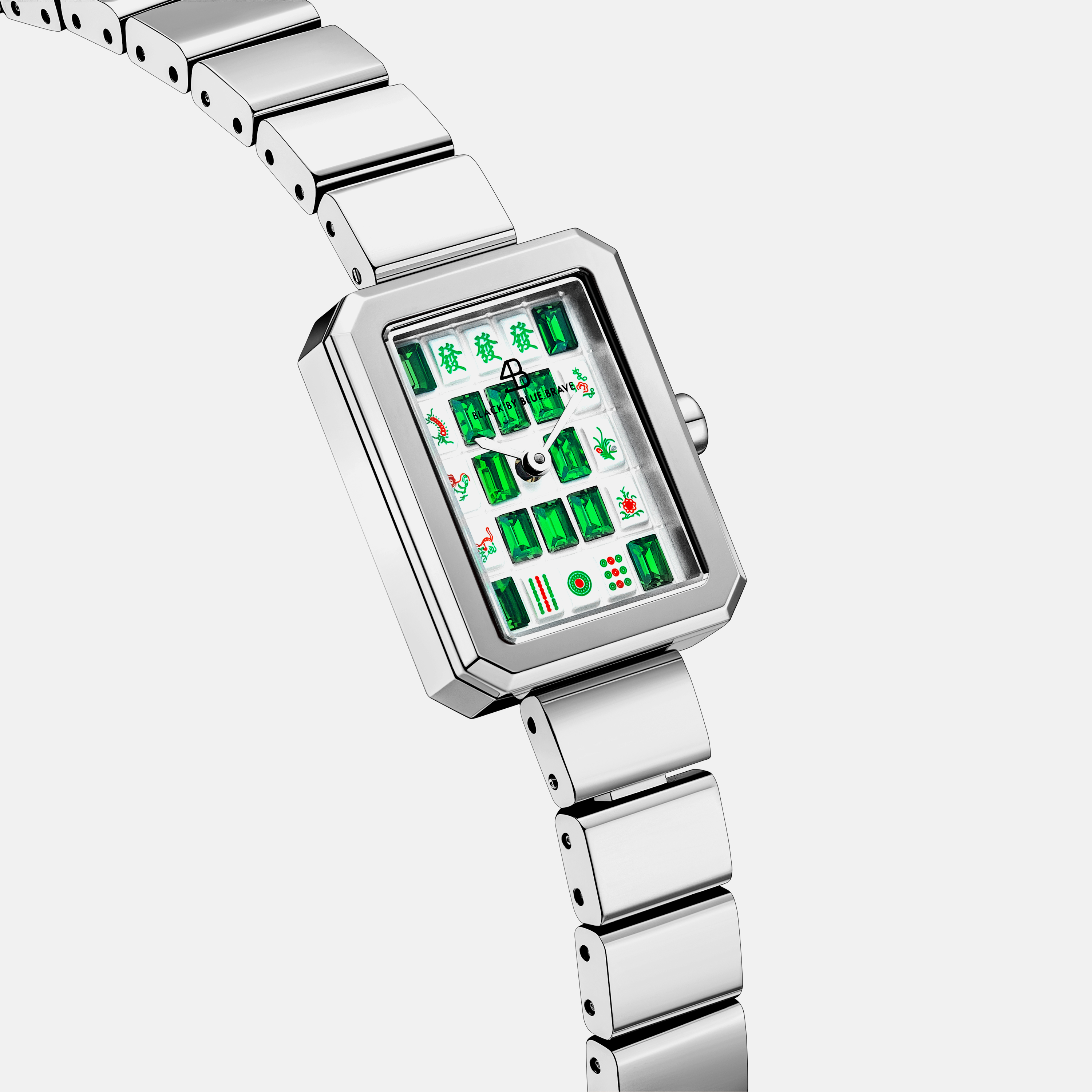 Mahjong 20*26mm Green Crystal Dial Silver Bracelet Watch - 4B1311 - side view - Black By Blue Brave