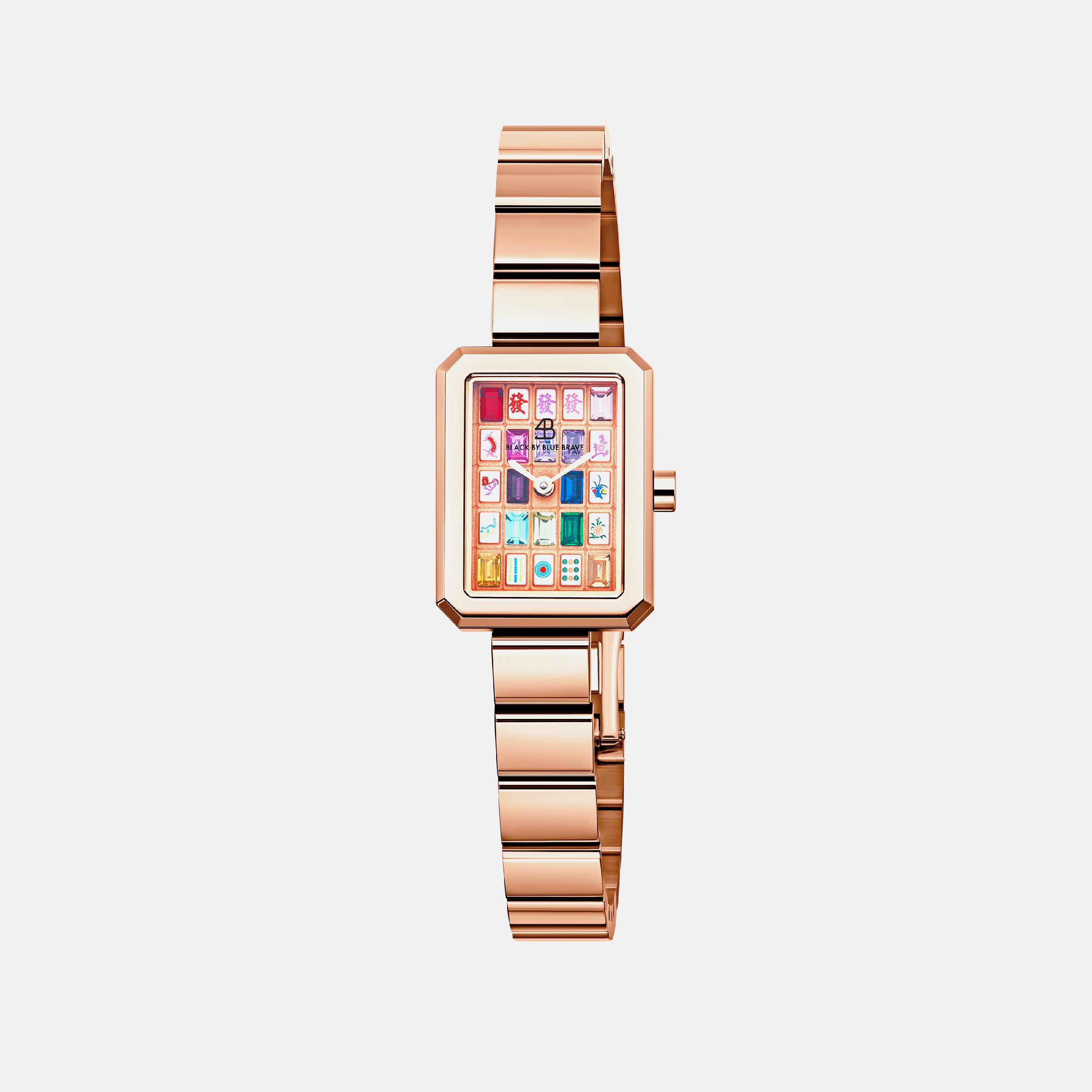 Mahjong 20*26mm Rainbow Crystal Dial Rose Gold Bracelet Watch - 4B1312 - front - Black By Blue Brave