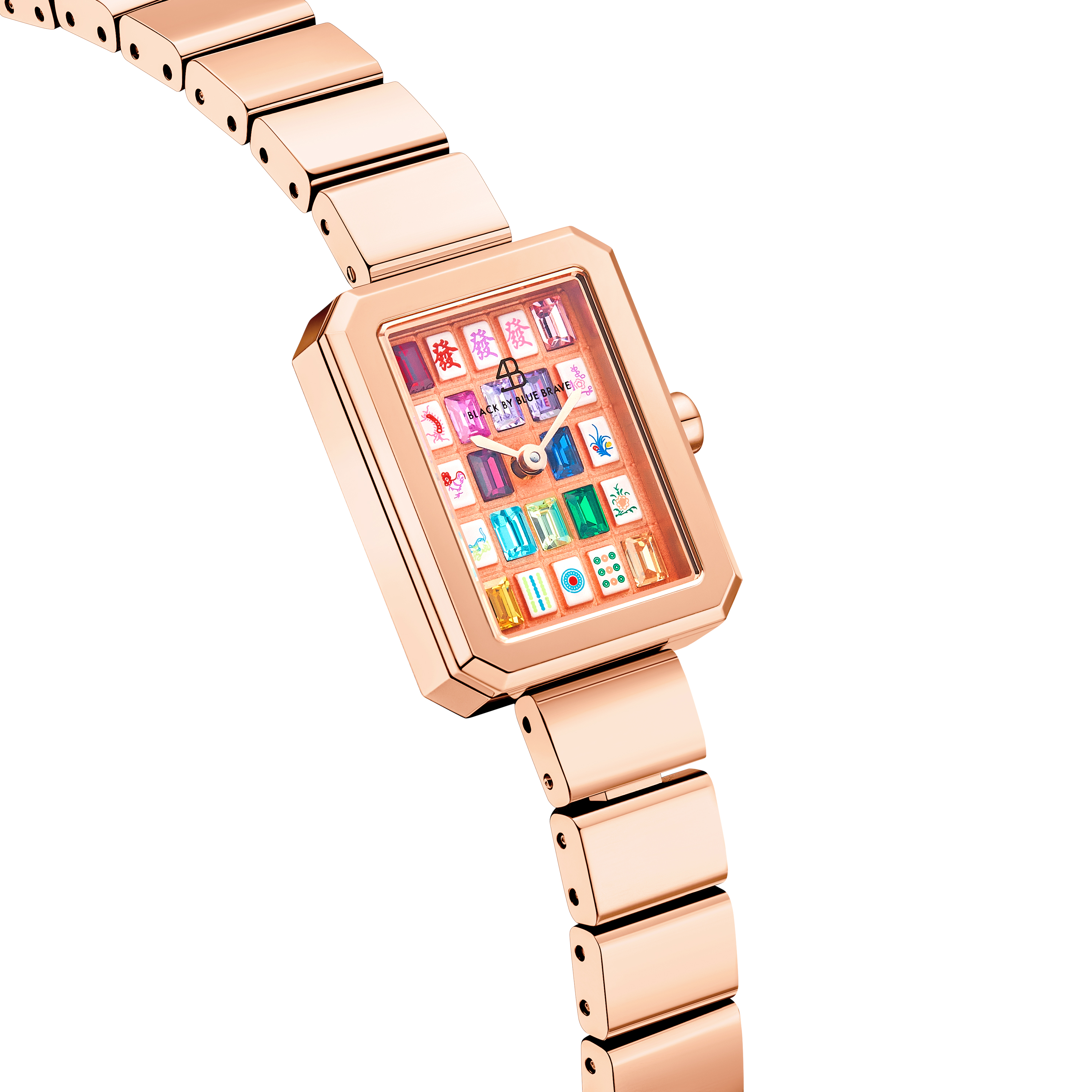 Mahjong 20*26mm Rainbow Crystal Dial Rose Gold Bracelet Watch - 4B1312 - side view - Black By Blue Brave