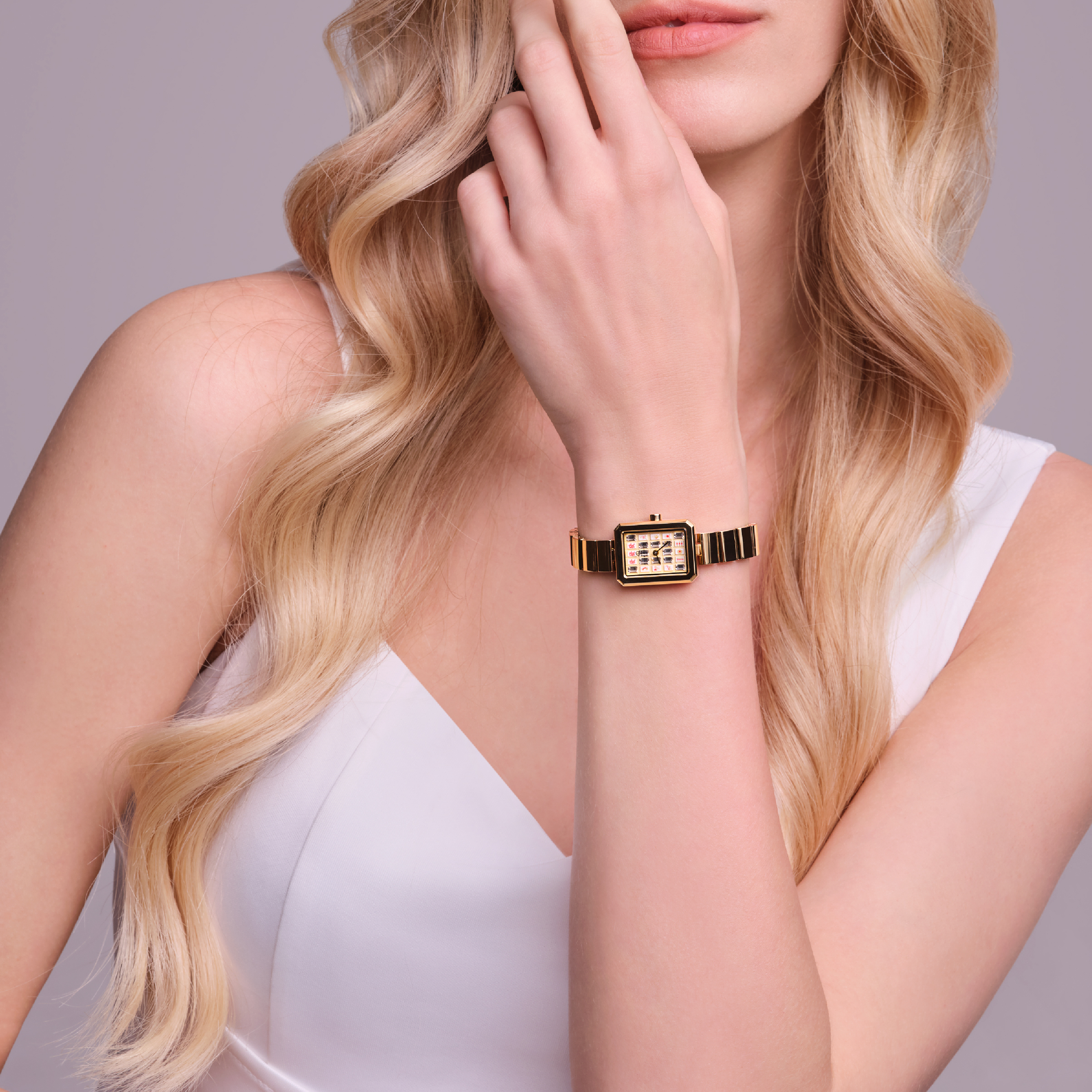 Mahjong 20*26mm Rainbow Crystal Dial Gold Bracelet Watch - 4B1313 - Model wearing - Black By Blue Brave
