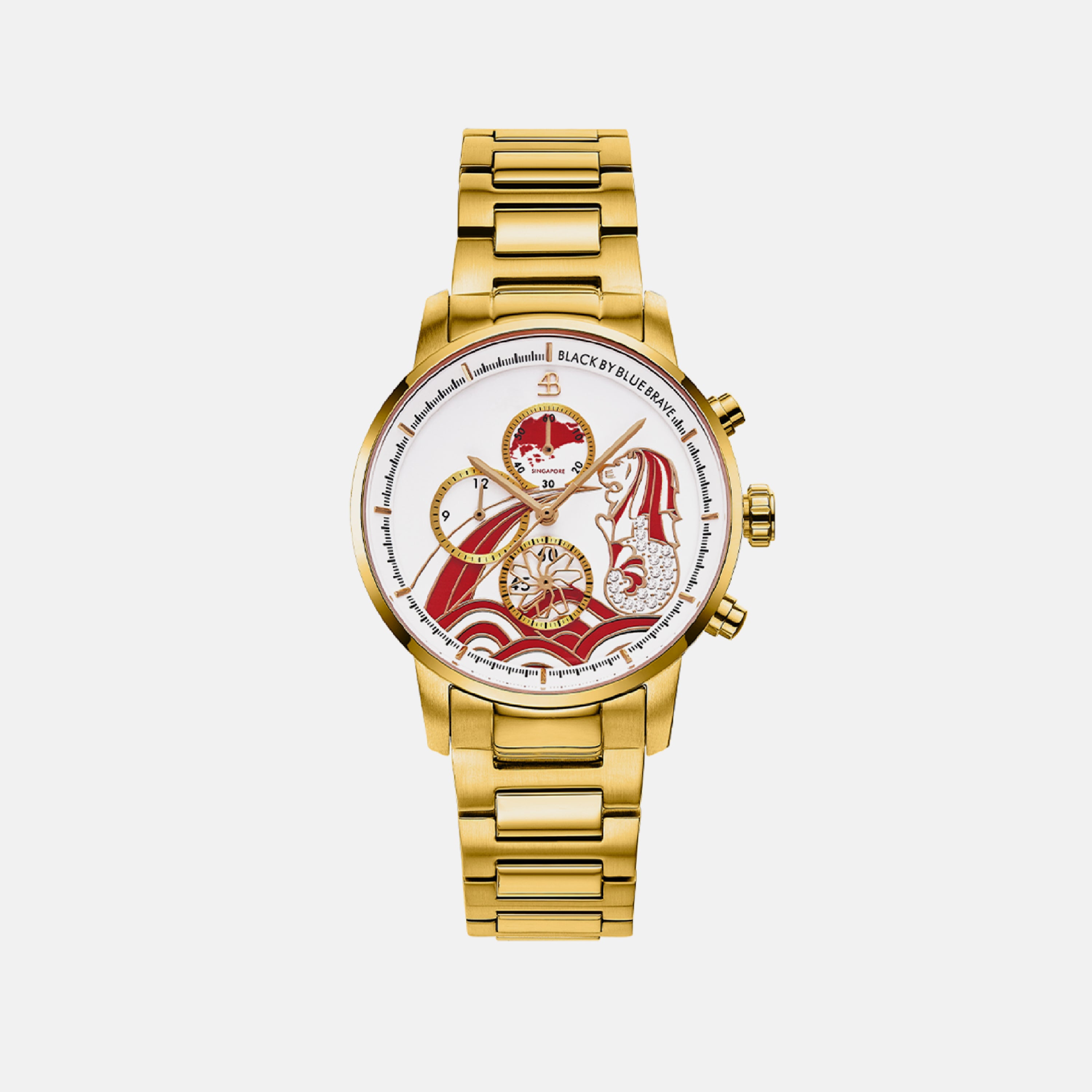Merlion 40mm Red Dial Chronograph Moving Flyer Gold Bracelet Watch - 4B1163 - front - Black By Blue Brave