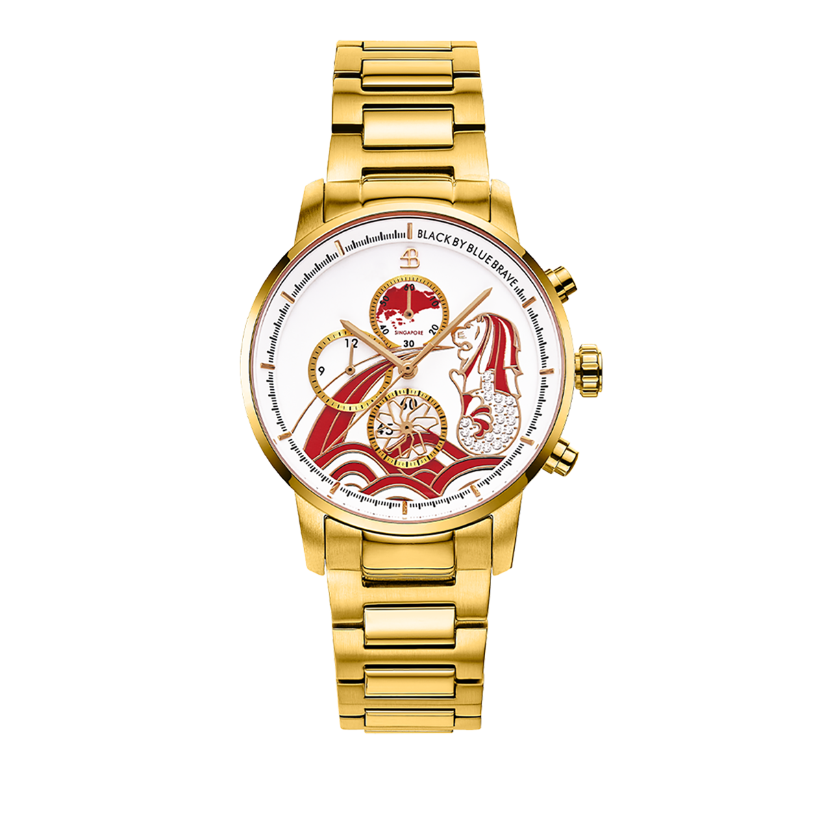 Merlion 40mm Red Dial Chronograph Moving Flyer Gold Bracelet Watch - 4B1163 - front - Black By Blue Brave