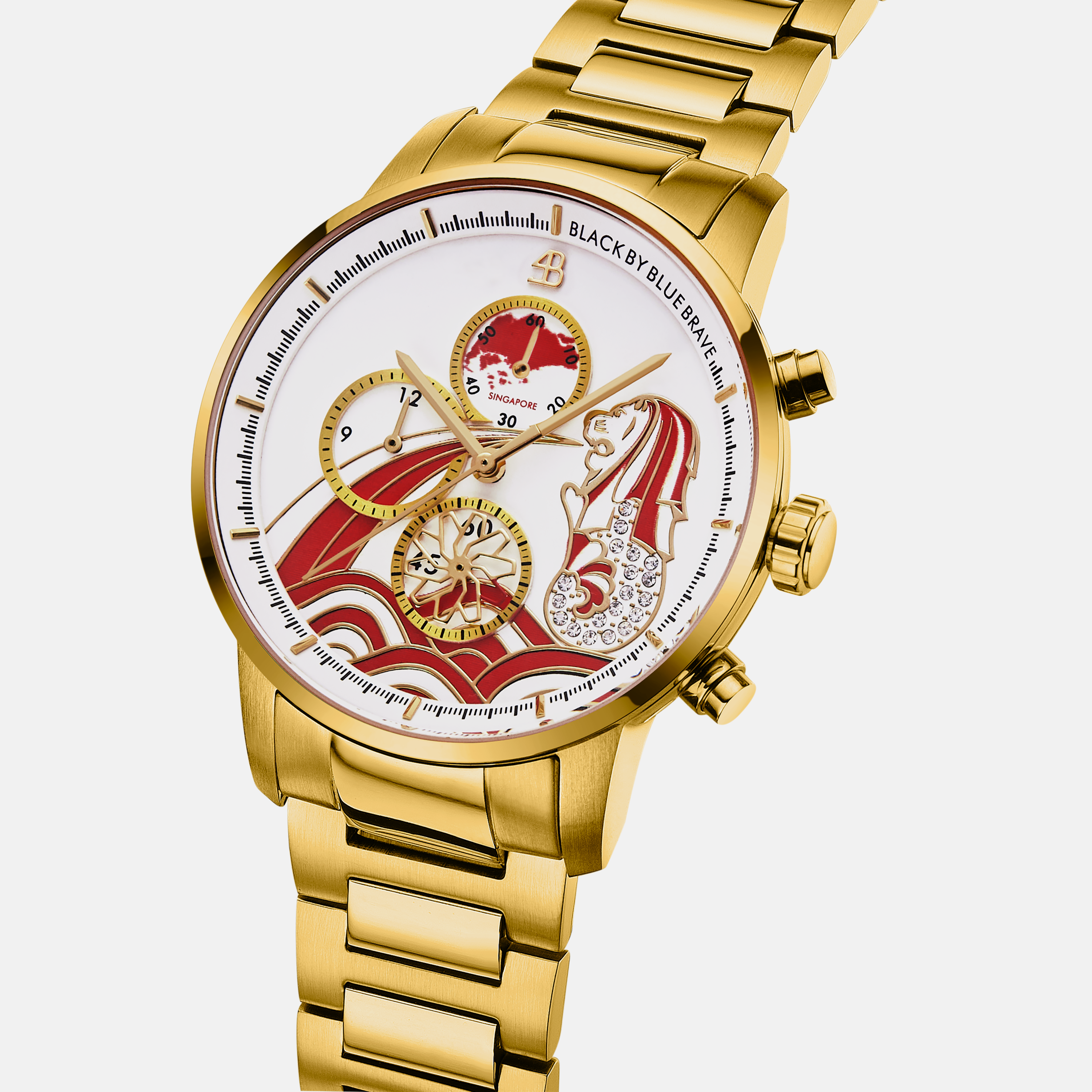 Merlion 40mm Red Dial Chronograph Moving Flyer Gold Bracelet Watch - 4B1163 - side view - Black By Blue Brave