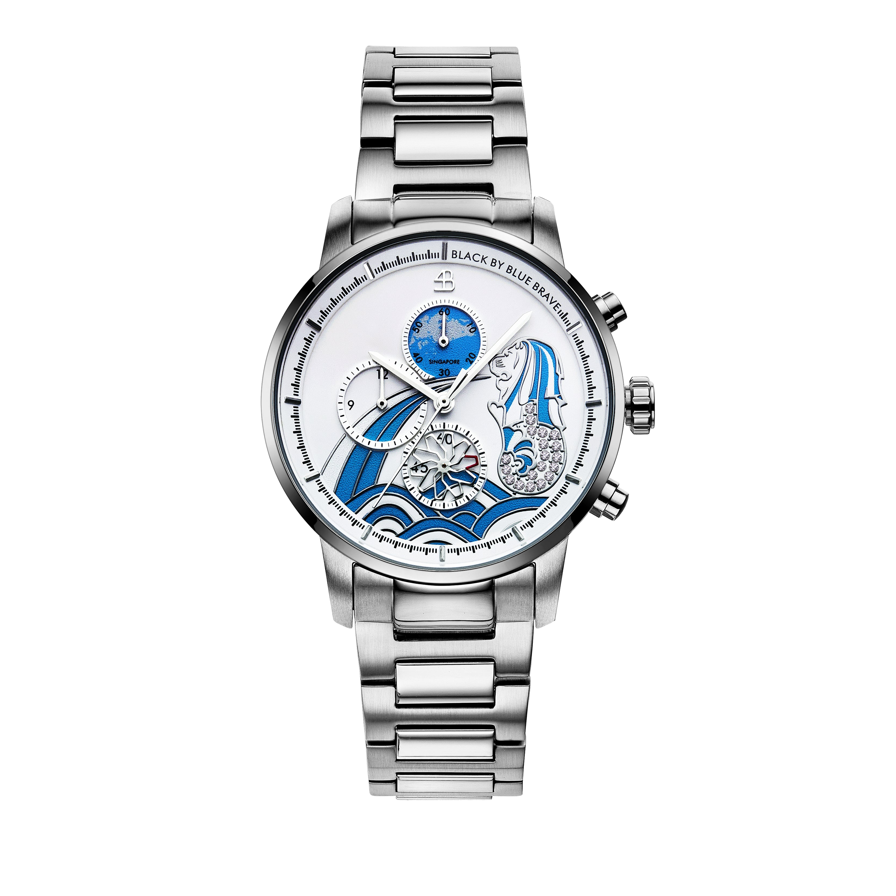 Merlion 40mm Blue Dial Chronograph Moving Flyer Silver Bracelet Watch - 4B1164 - front - Black By Blue Brave