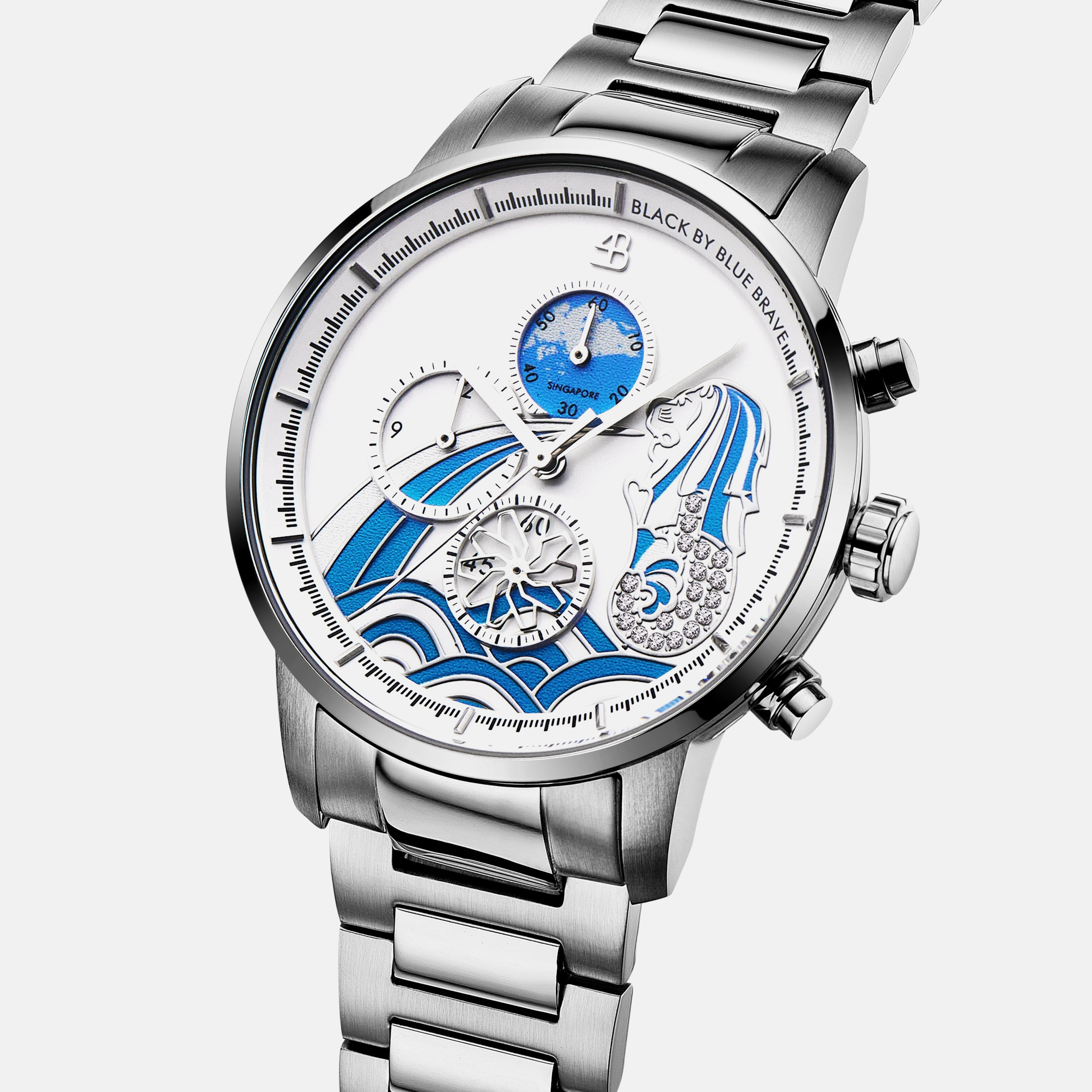 Merlion 40mm Blue Dial Chronograph Moving Flyer Silver Bracelet Watch - 4B1164 - side view - Black By Blue Brave