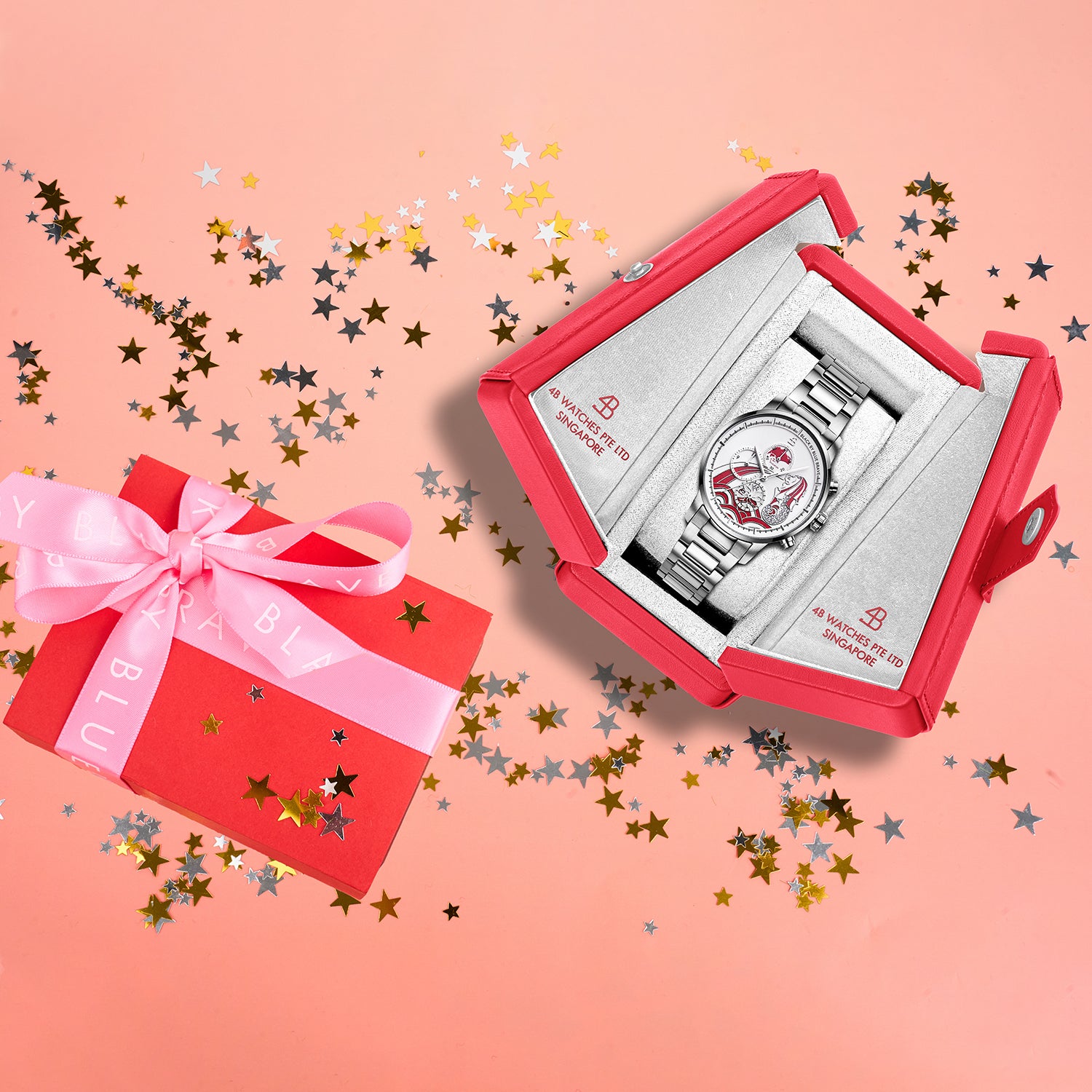 Merlion 40mm Red Dial Chronograph Moving Flyer Silver Bracelet Watch - 4B1165 - Gift Box - Black By Blue Brave