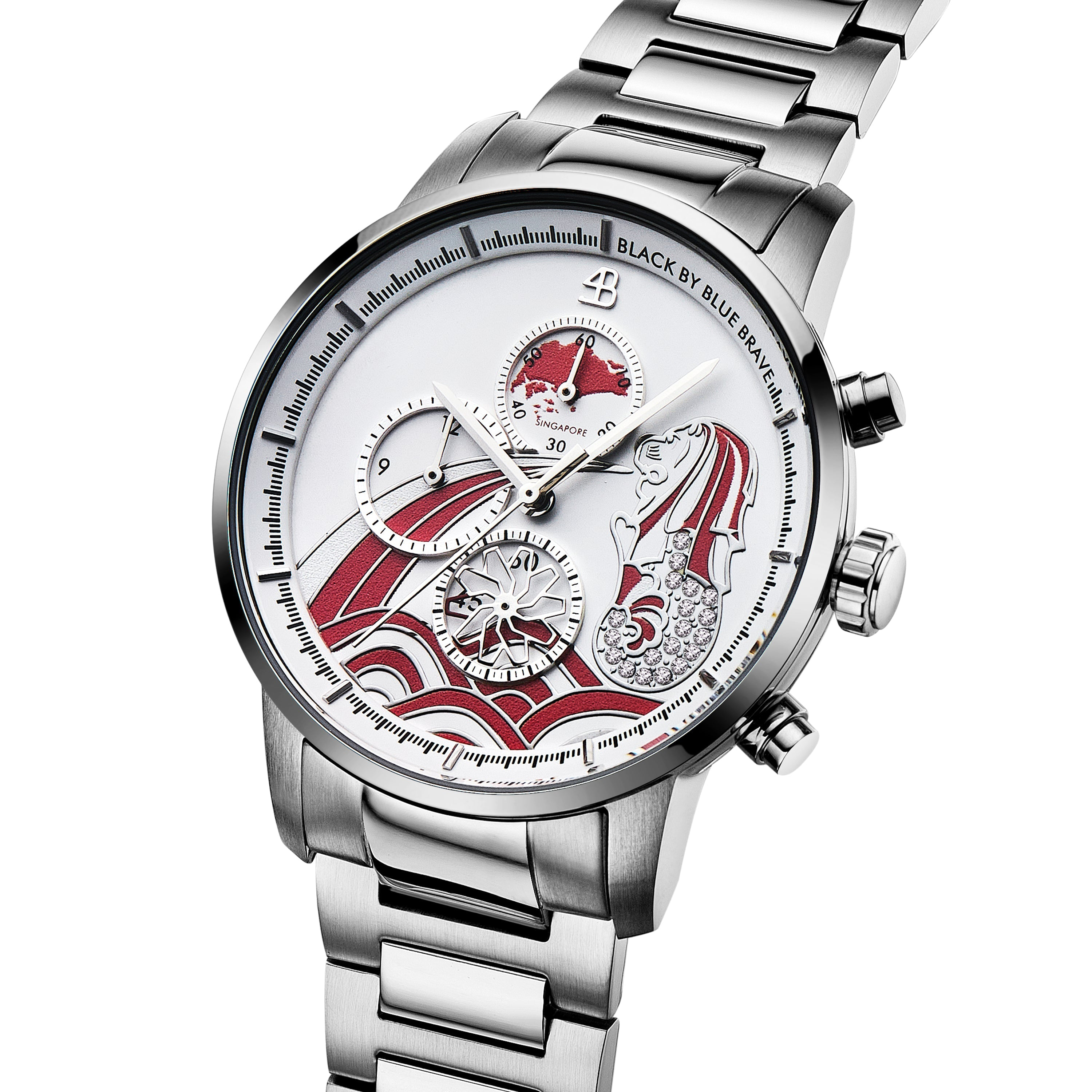 Merlion 40mm Red Dial Chronograph Moving Flyer Silver Bracelet Watch - 4B1165 - side view - Black By Blue Brave