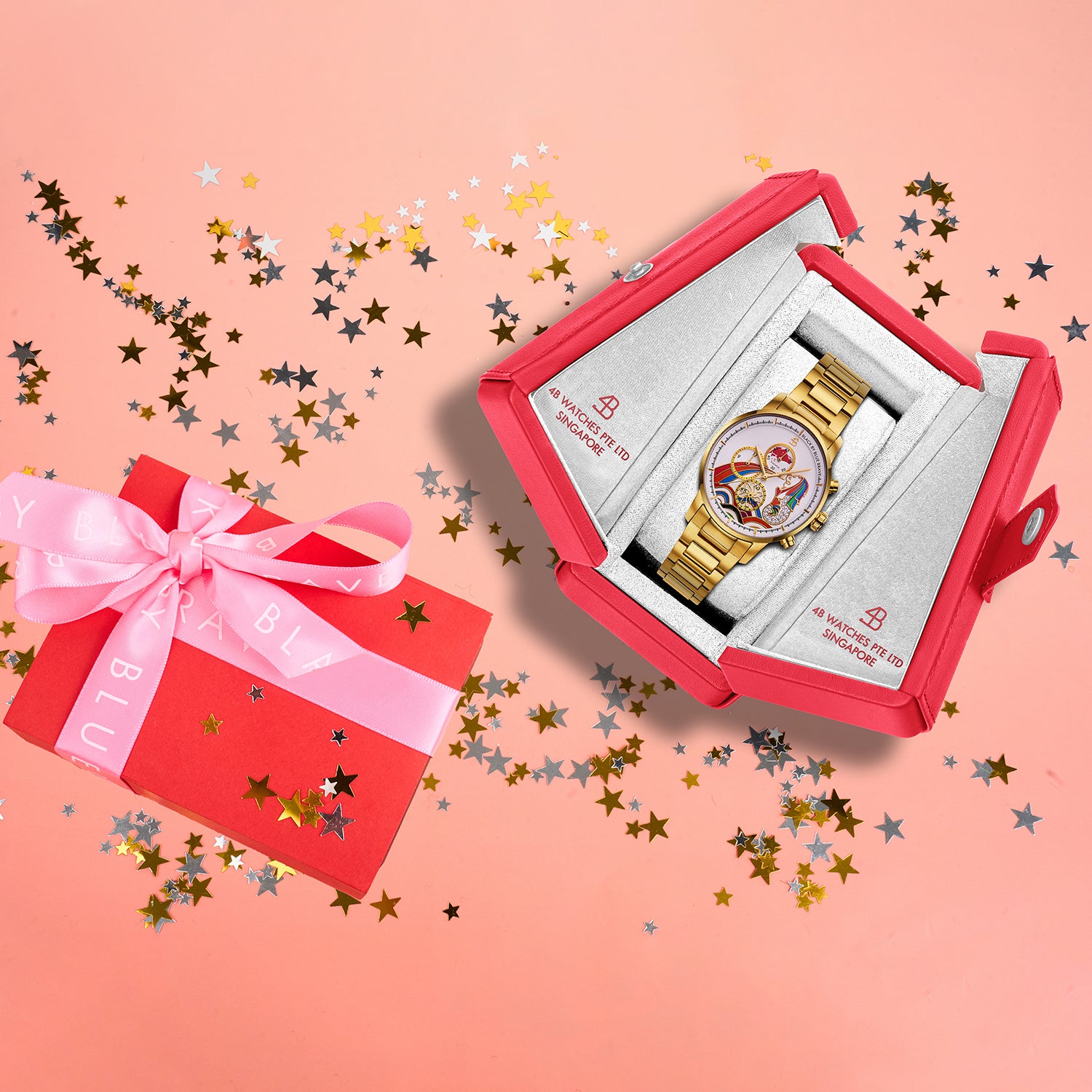 Merlion 40mm Rainbow Dial Chronograph Moving Flyer Gold Bracelet Watch - 4B1166 - Gift Box - Black By Blue Brave