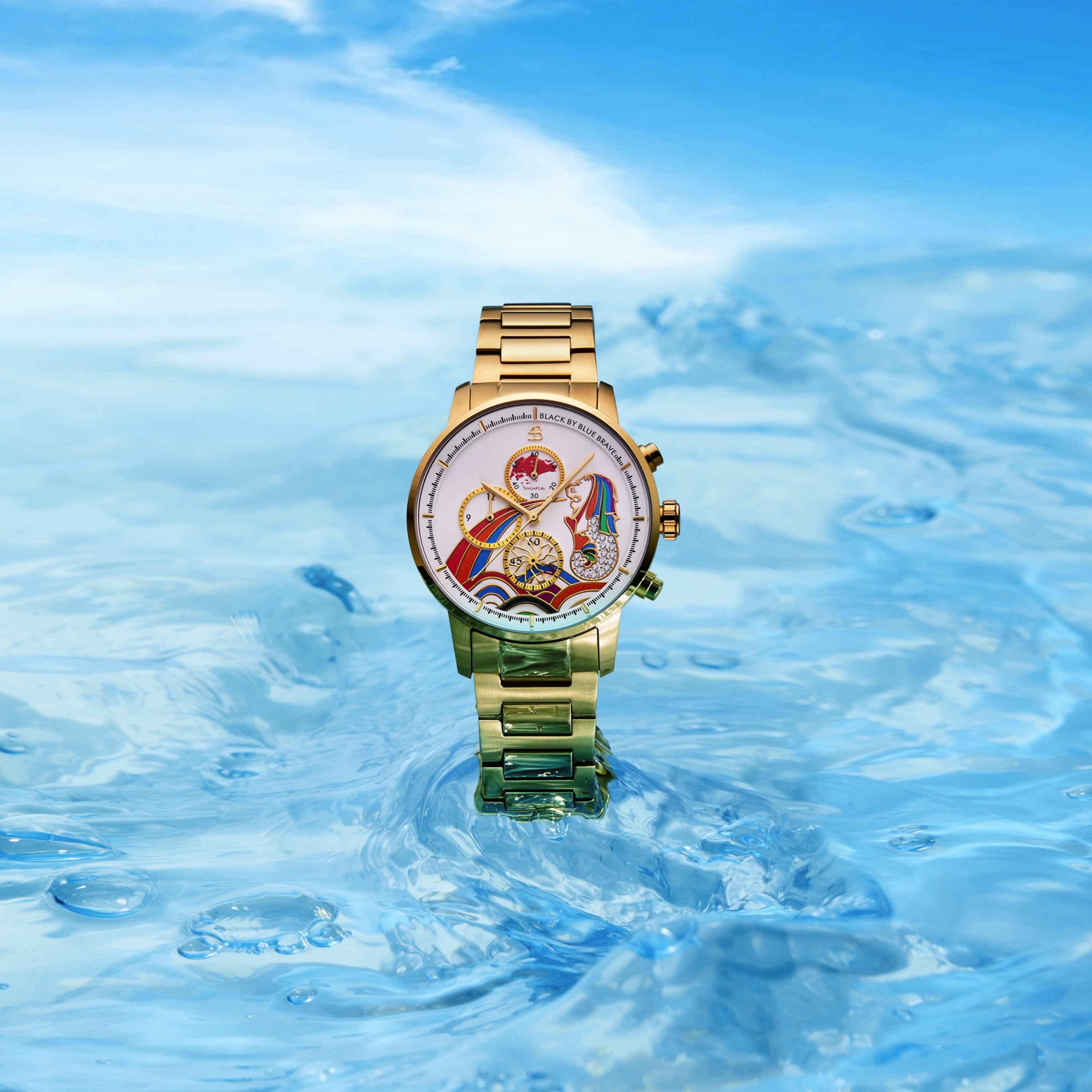 Merlion 40mm Rainbow Dial Chronograph Moving Flyer Gold Bracelet Watch - 4B1166 - Scene Graph - Black By Blue Brave