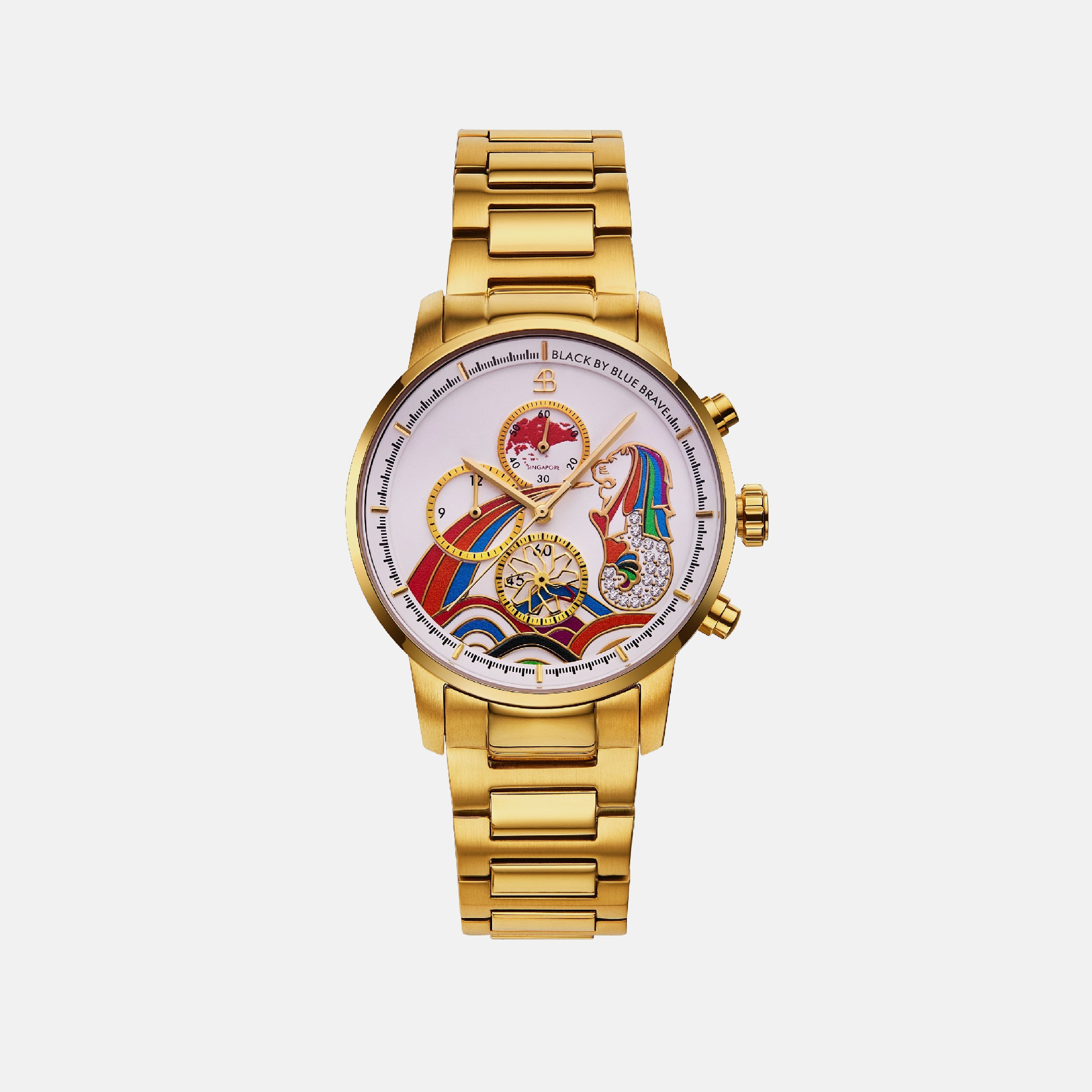 Merlion 40mm Rainbow Dial Chronograph Moving Flyer Gold Bracelet Watch - 4B1166 - front - Black By Blue Brave