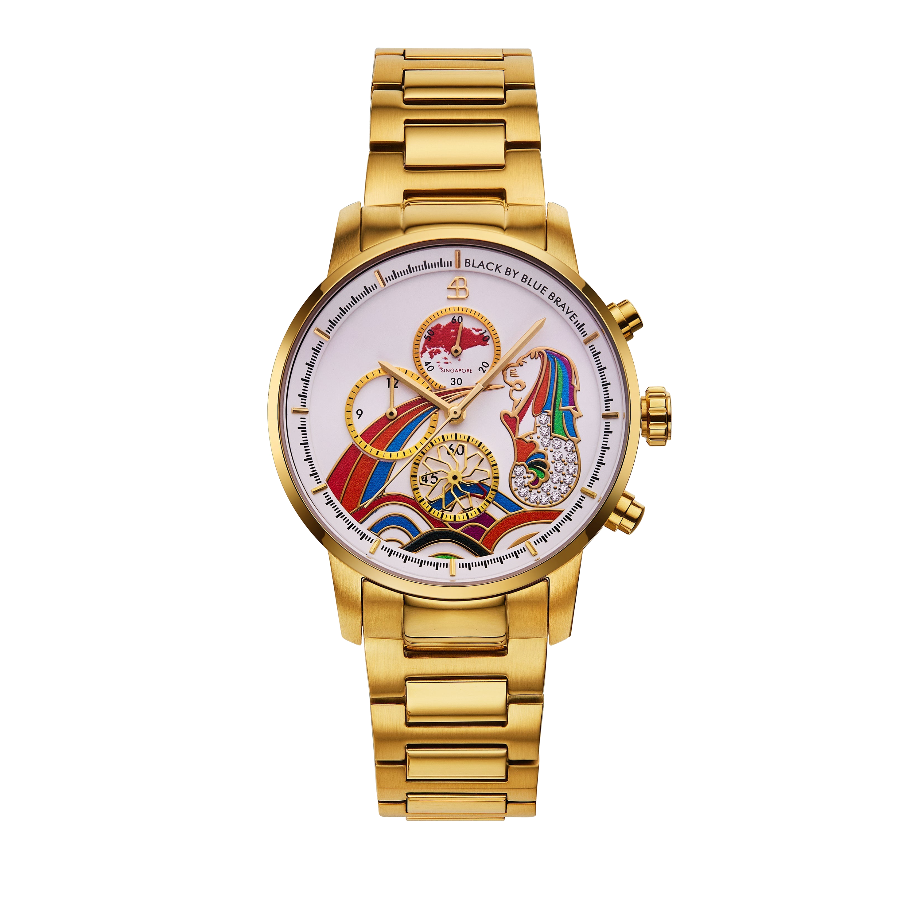 Merlion 40mm Rainbow Dial Chronograph Moving Flyer Gold Bracelet Watch - 4B1166 - front - Black By Blue Brave