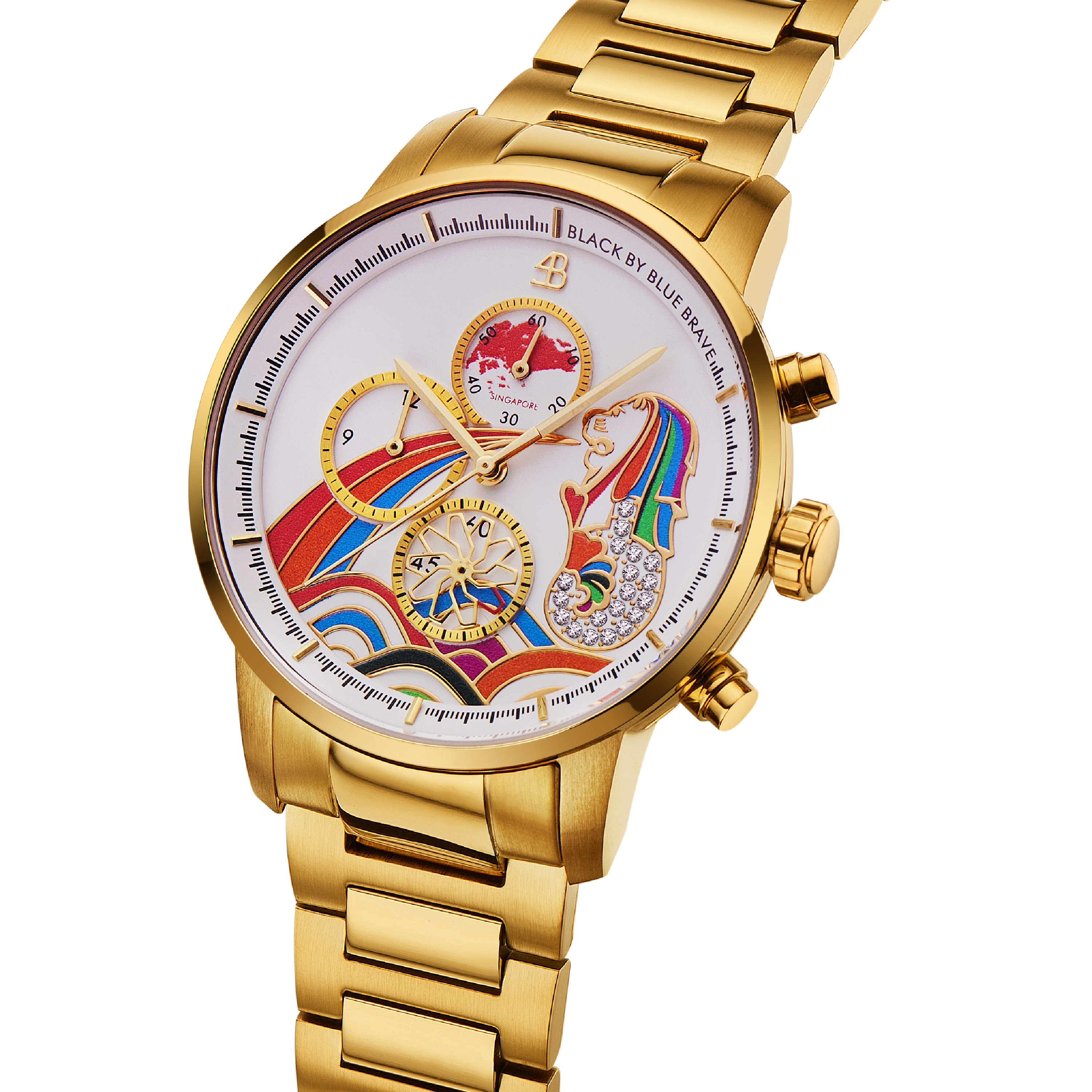 Merlion 40mm Rainbow Dial Chronograph Moving Flyer Gold Bracelet Watch - 4B1166 - side view - Black By Blue Brave