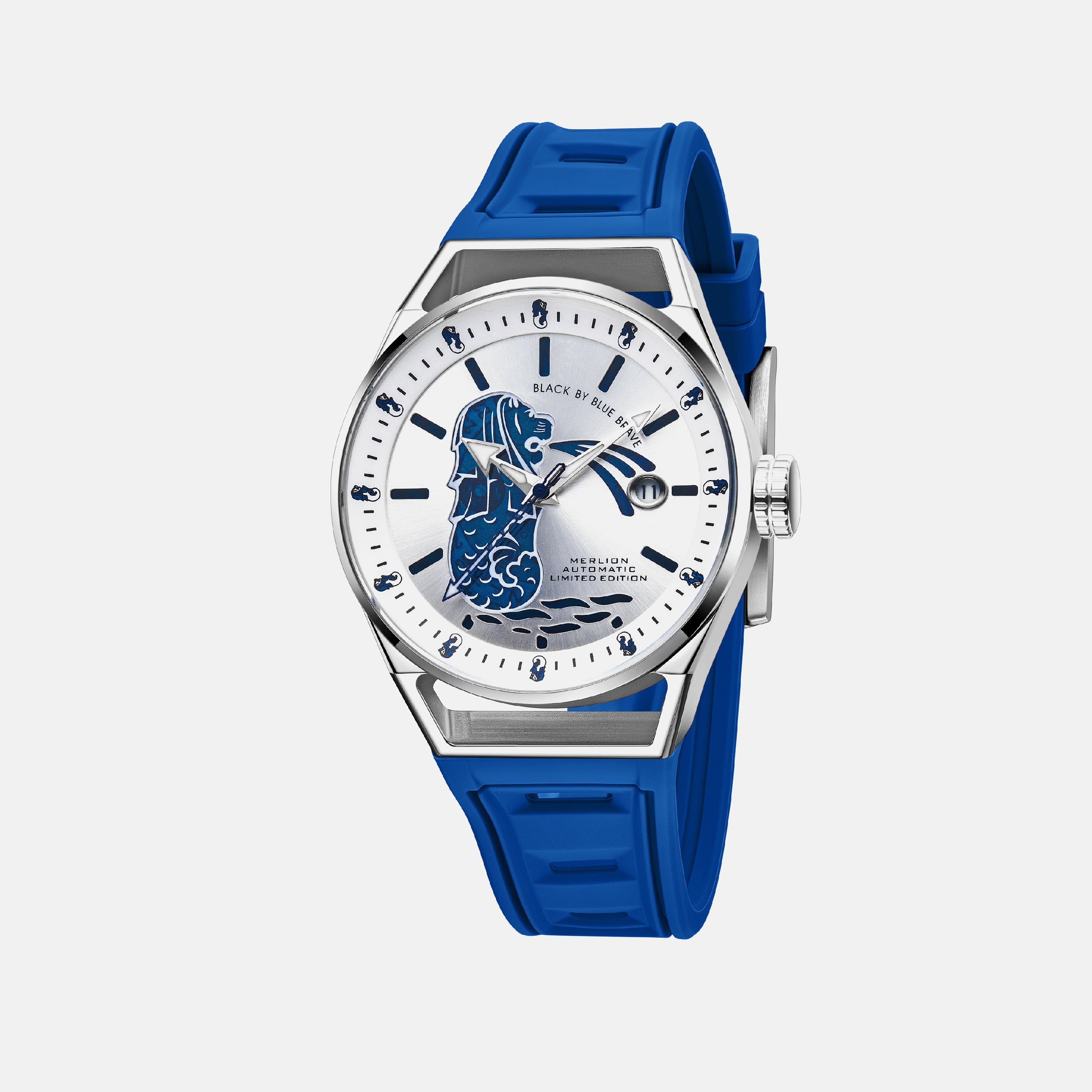Merlion II 41mm Silver Merlion Dial Blue Silicon Strap Automatic Watch - 4B8304 - front - Black By Blue Brave